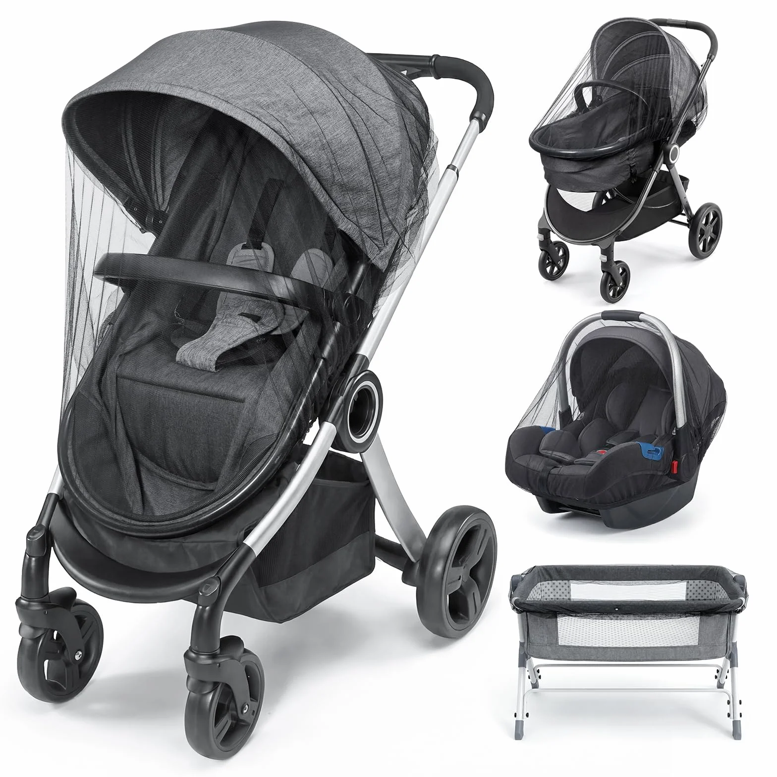 Lot de 2 Moustiquaire Poussette Universelle avec Bord Élastique, Maille Polyester Résistante, Protection Insectes, Noir