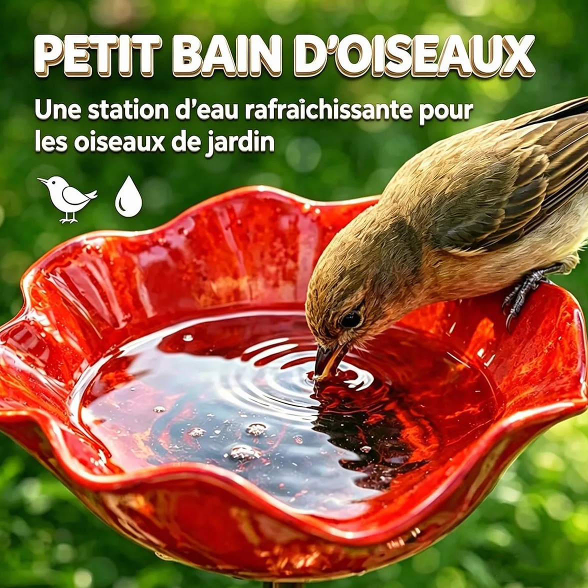 Bain d'oiseaux Abreuvoir Abeilles en Métal Motif Fleur Extérieur Résistante Intempéries Jardin Décoration (Red)