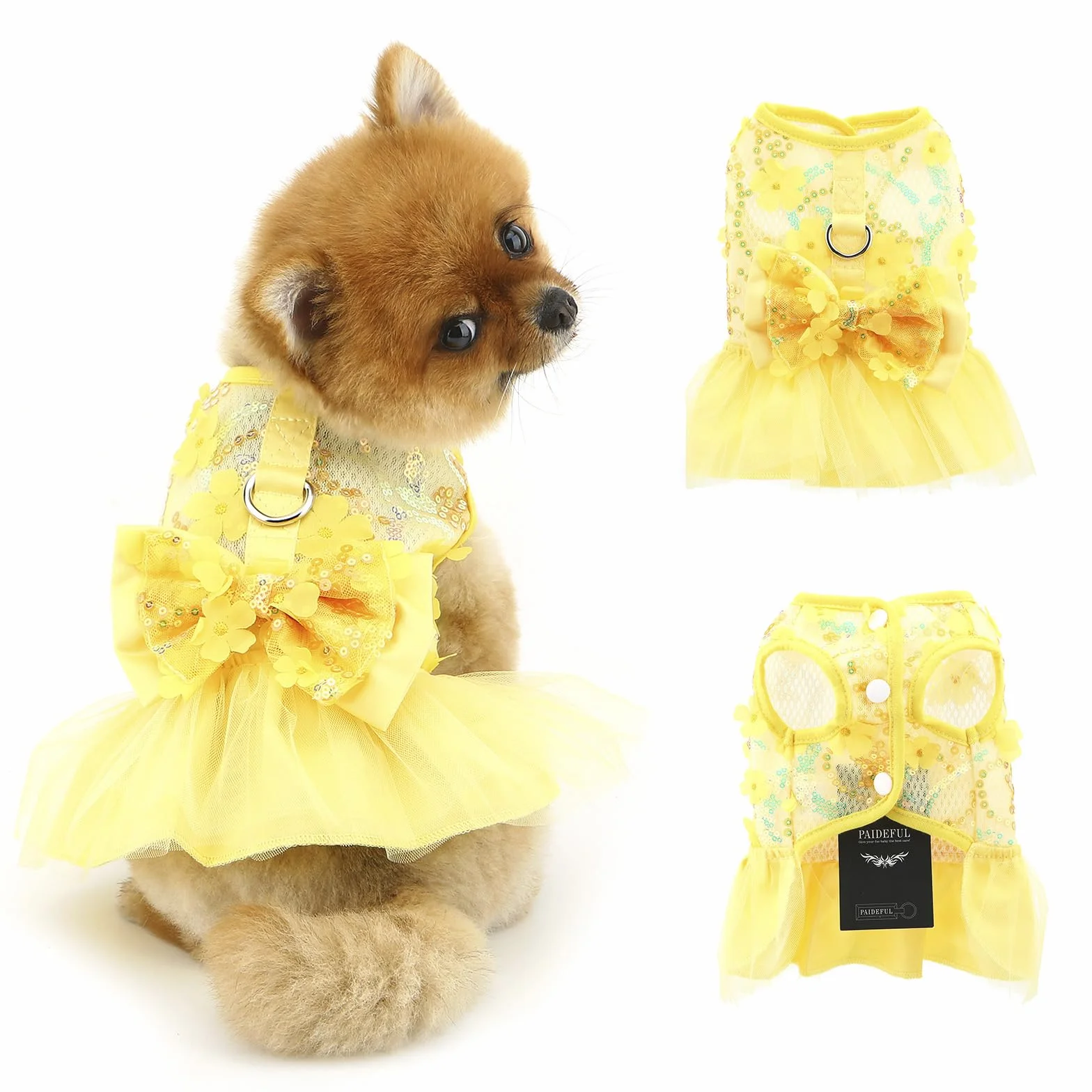 Robe tutu princesse avec nœud jupe maille paillettes chihuahua taille XL jaune