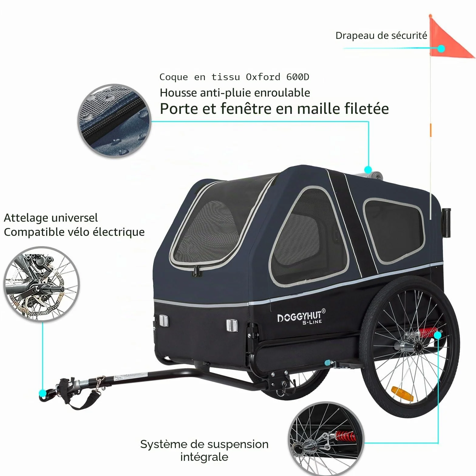 Remorque de vélo pour chiens DOGGYHUT® S-Line XL 45,4 kg, pliable, roues de suspension, frein de stationnement