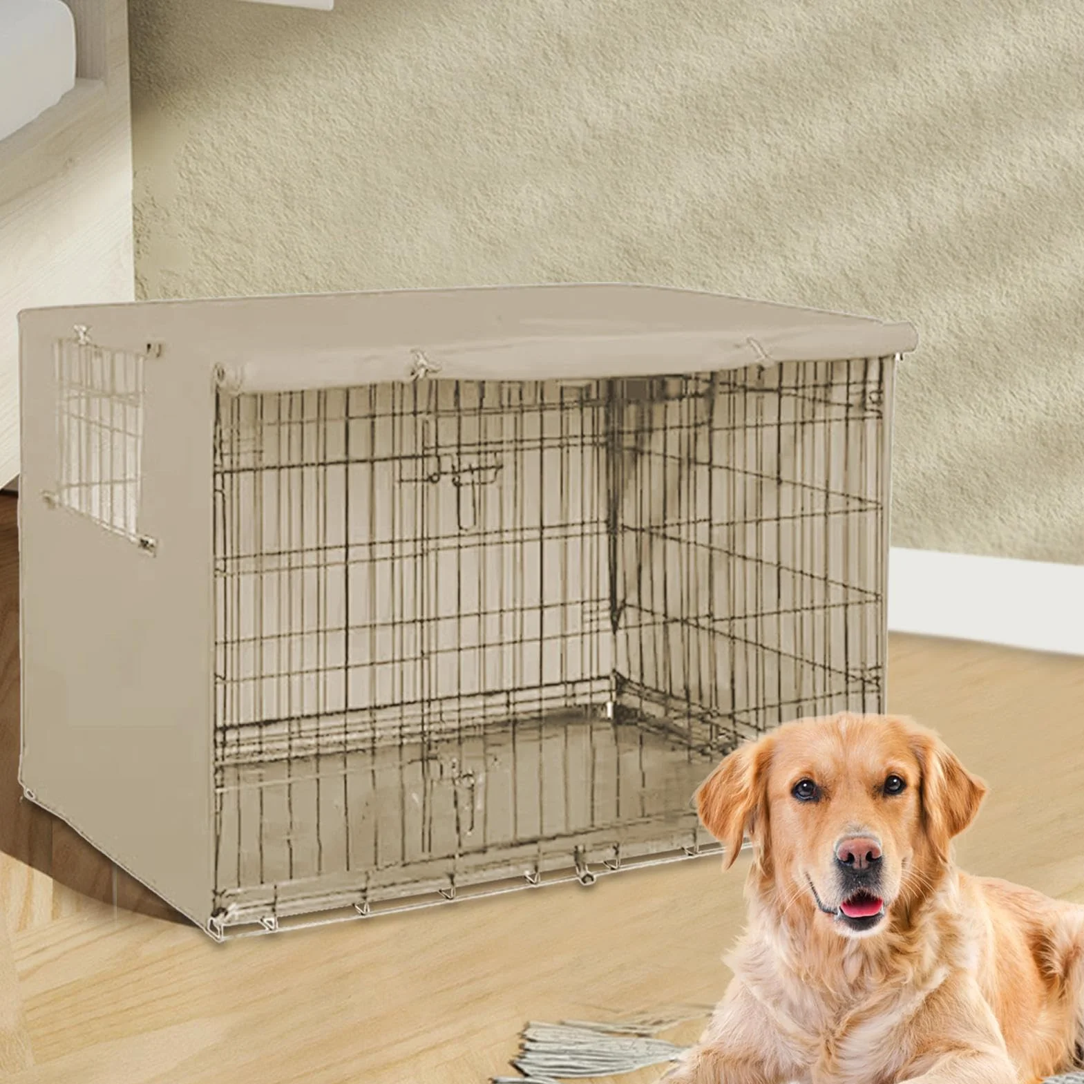Housse Protection Cage Chien Imperméable Coupe-Vent Double Porte Noir Beige