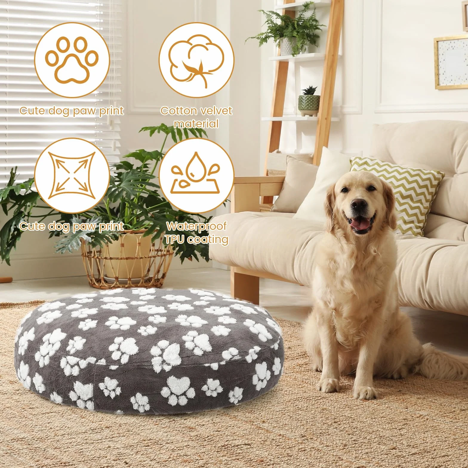 Housse de lit ronde pour chien molleton coton imperméable double face gris foncé 91 cm