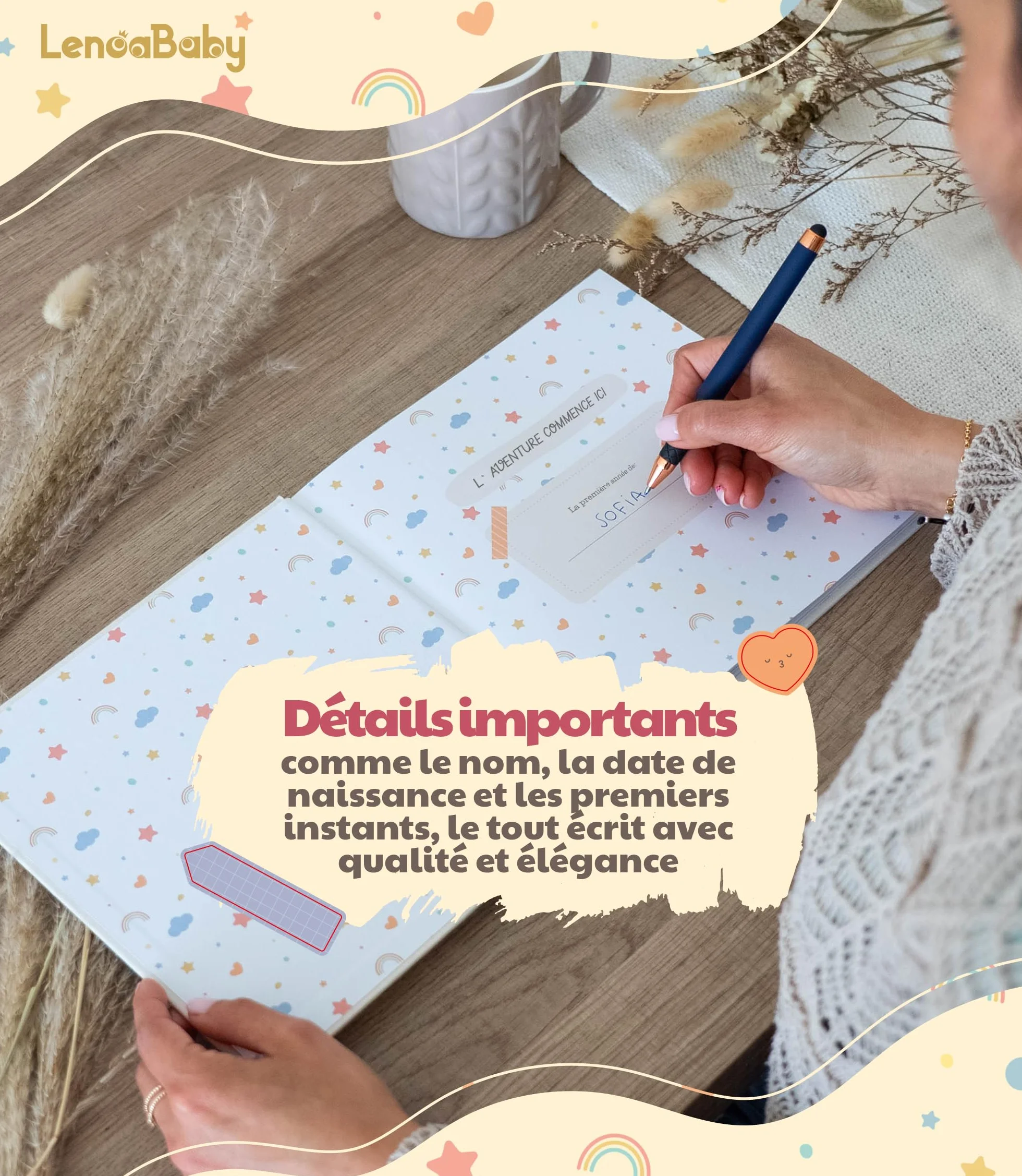 Livre de Naissance Bébé Ma Première Année avec Couverture en Lin 75 Pages Autocollants Album Photo Cadeau