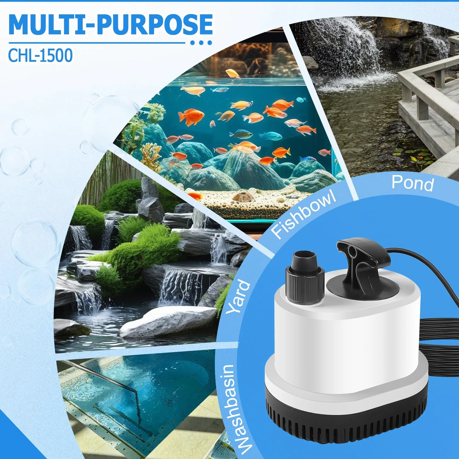EXLECO Pompe à Eau Submersible 1500L/H 25W 220-240V Pompe Bassin avec Câble 1,6M