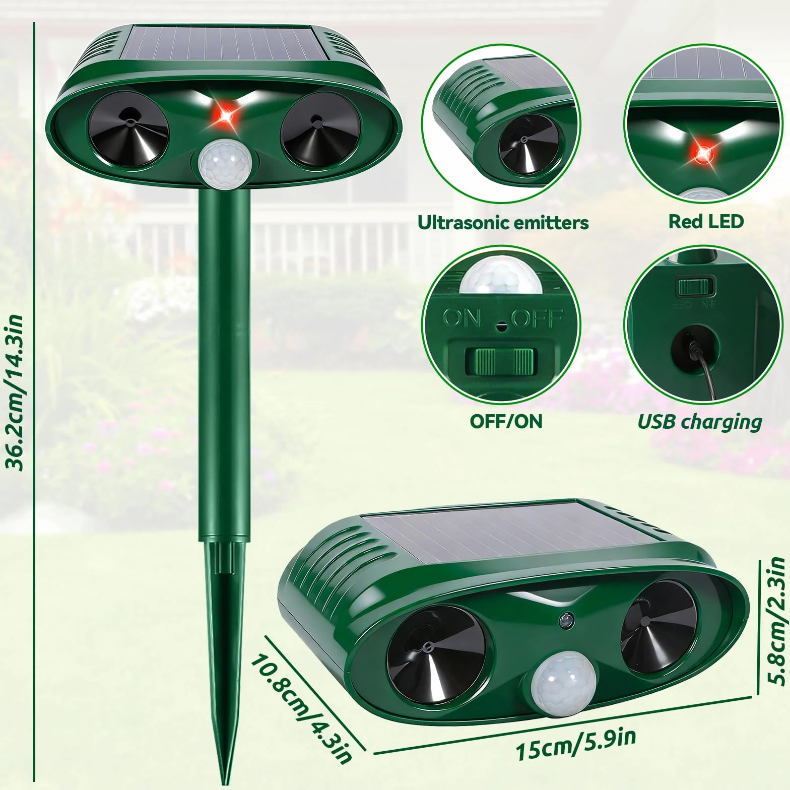 Répulsif Chat Ultrason 3 Modes Solaire USB IP54 Étanche Exterieur pour Chats Chiens
