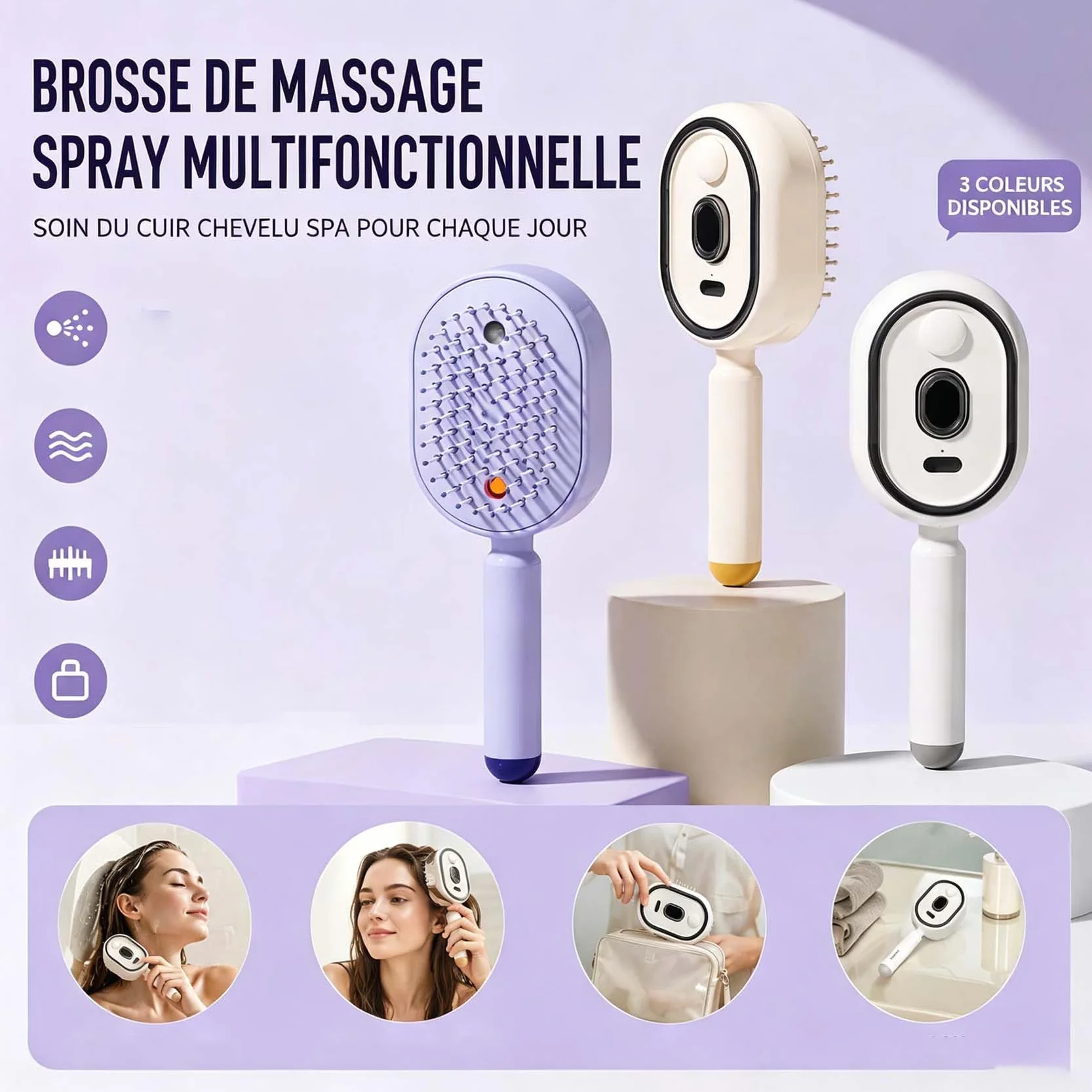 Brosse à Vapeur Électrique 3 en 1 Lisser Contrôler Frisottis Violet