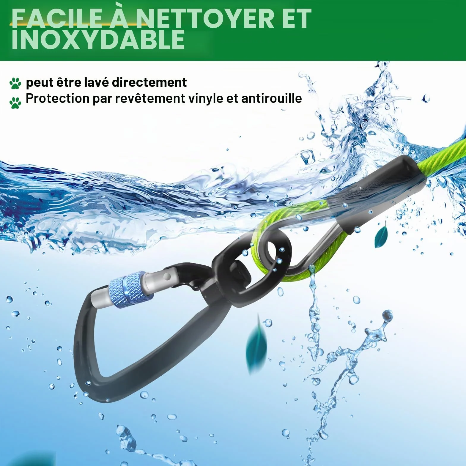 Hofleine Câble industriel en acier inoxydable 9M pour grands chiens avec tampon à ressort laisse extra longue étanche testé TÜV