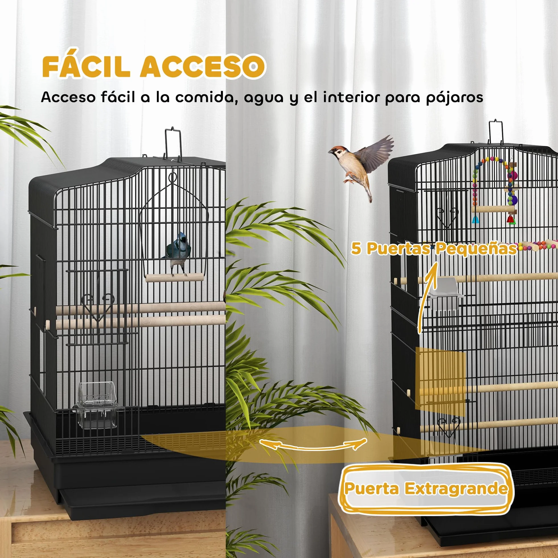 PawHut Cage à Oiseaux avec perchoirs pour Petit Oiseau 46,5x36x59 cm Noir | Gamelles, Balançoire, Cage à perroquet pour Budgie, Perruche