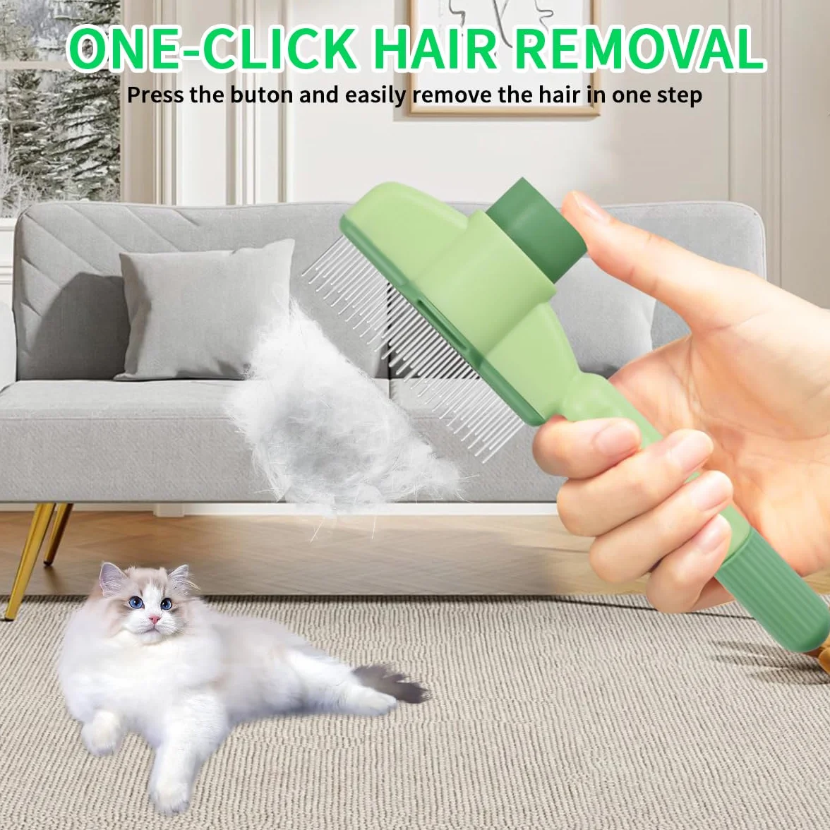 Peigne anti-puces autonettoyant pour chats, brosse de toilettage avec bouton, nettoyage rapide poils errants (vert)