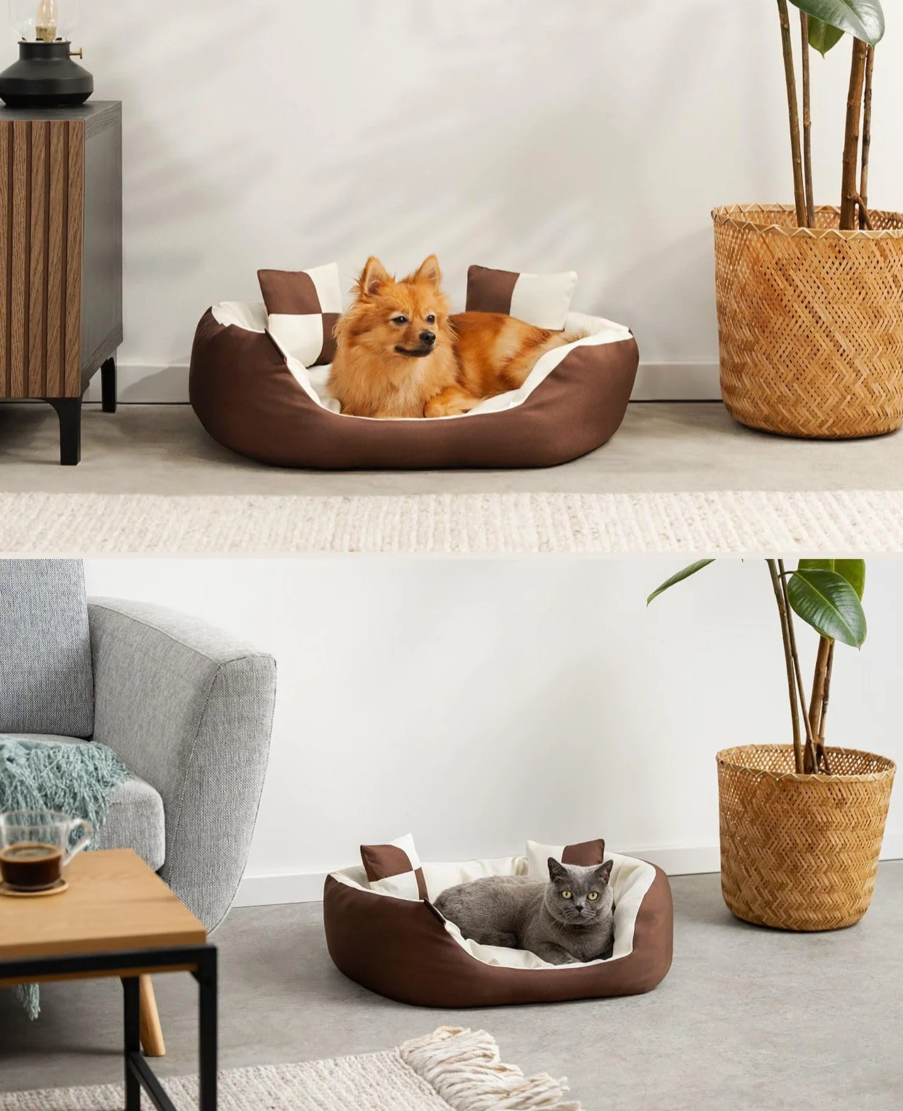 Lionto Lit pour Chien 4-en-1 avec Coussin réversible 65x50 cm Marron/Beige