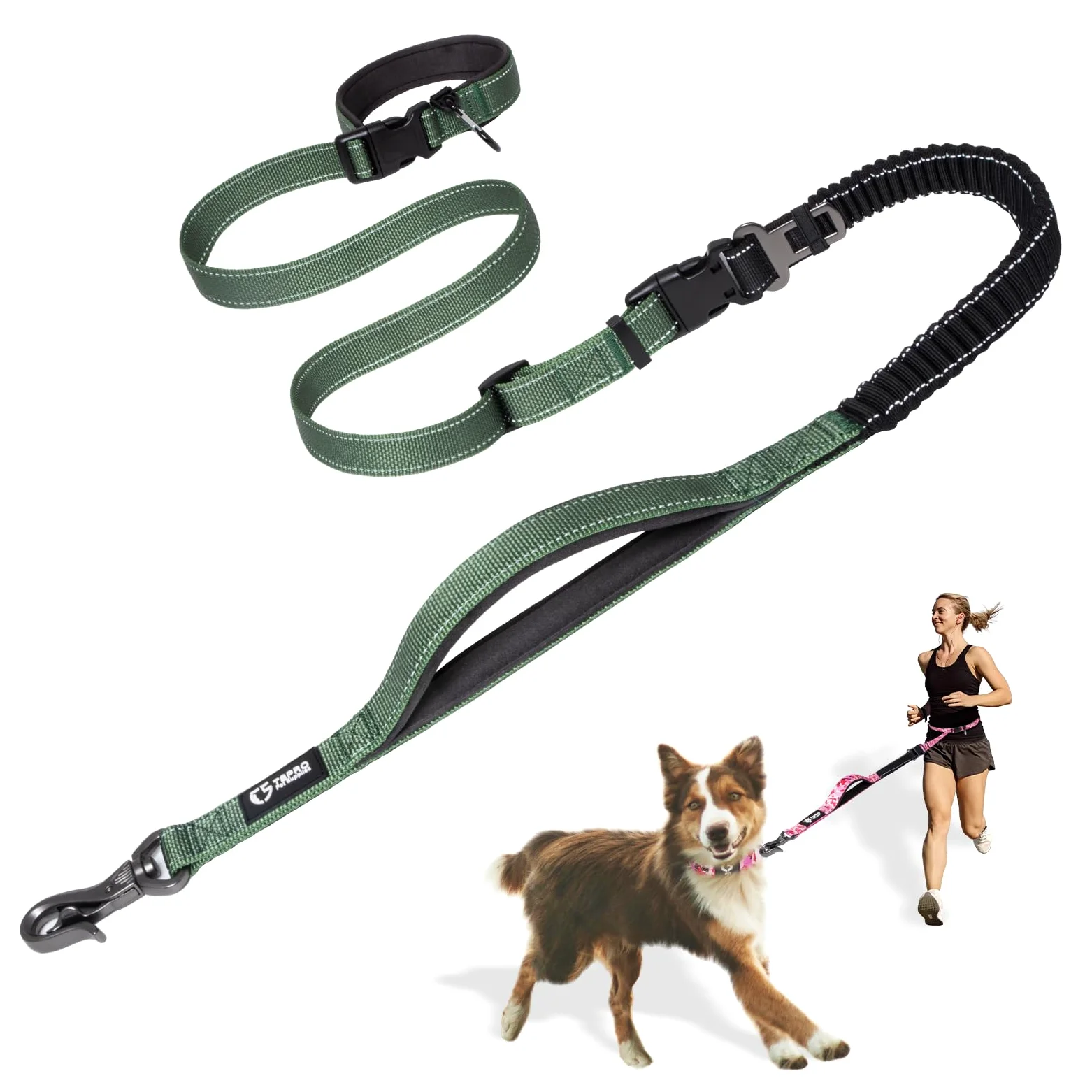 TSPRO Laisse mains libres pour chien pour la marche, la course à pied, avec ceinture de sécurité de voiture, laisse élastique absorbant les chocs avec poignée rembourrée (vert)