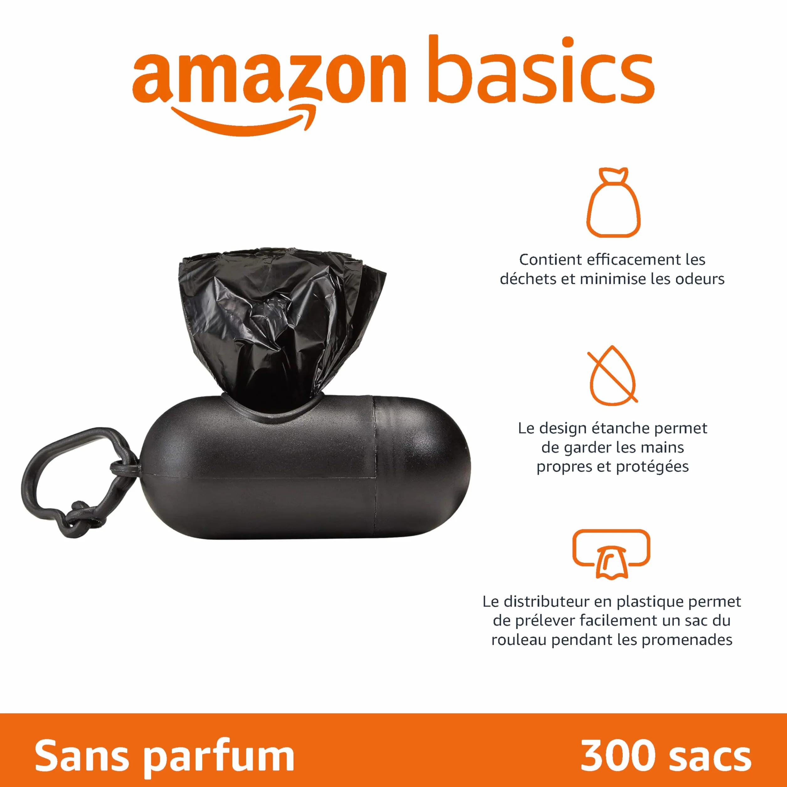 Amazon Basics sacs à déjections canines avec distributeur et clip pour laisse, sans parfum, lot de 300