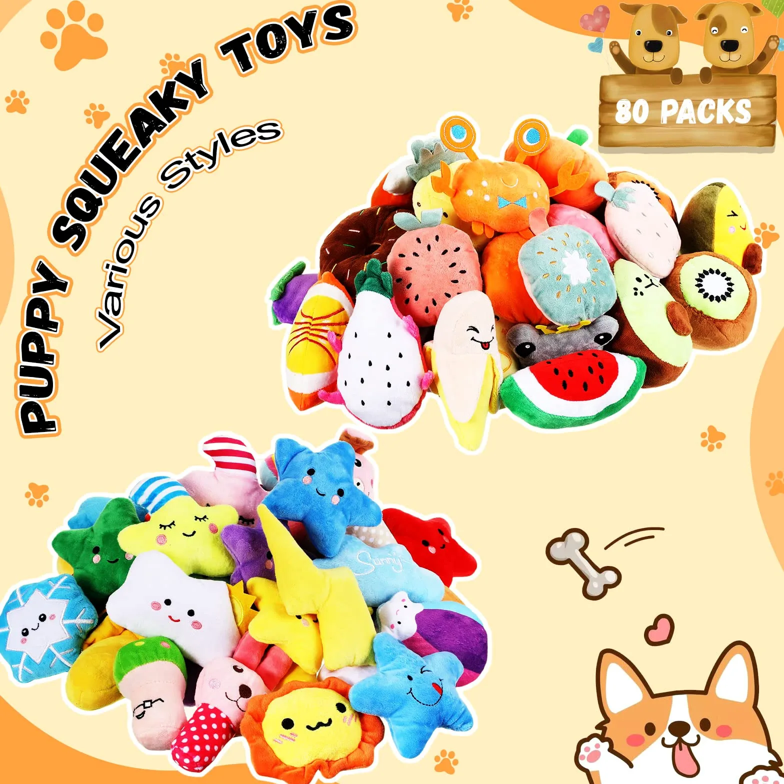 Hungdao Lot de 80 jouets couineurs en vrac pour chiens de petite et moyenne taille - Jouets en peluche avec couineurs pour chiots et chiots (style nouveau)