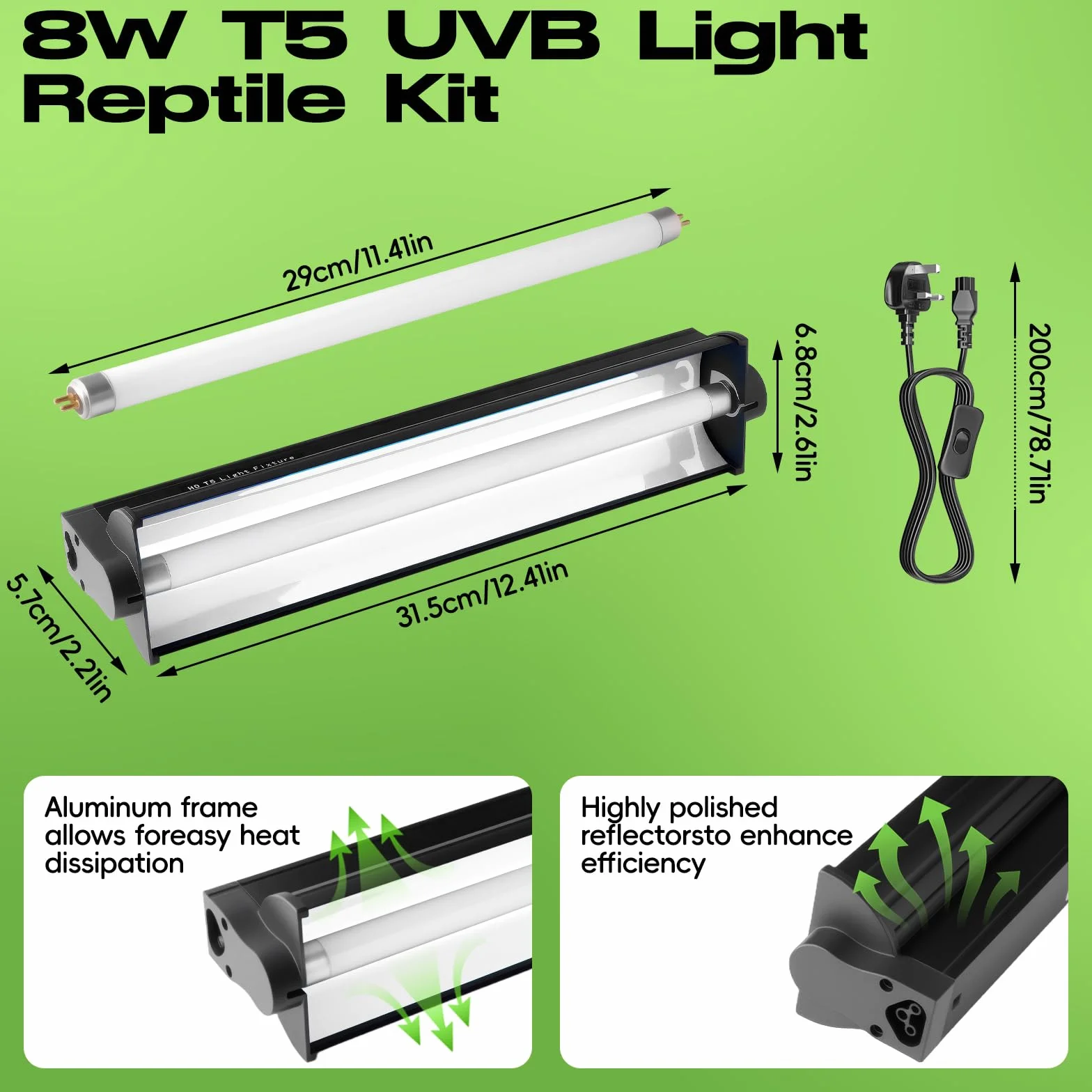 Kit d'éclairage UVB T5 8W 10.0 pour reptiles tropicaux et déserts