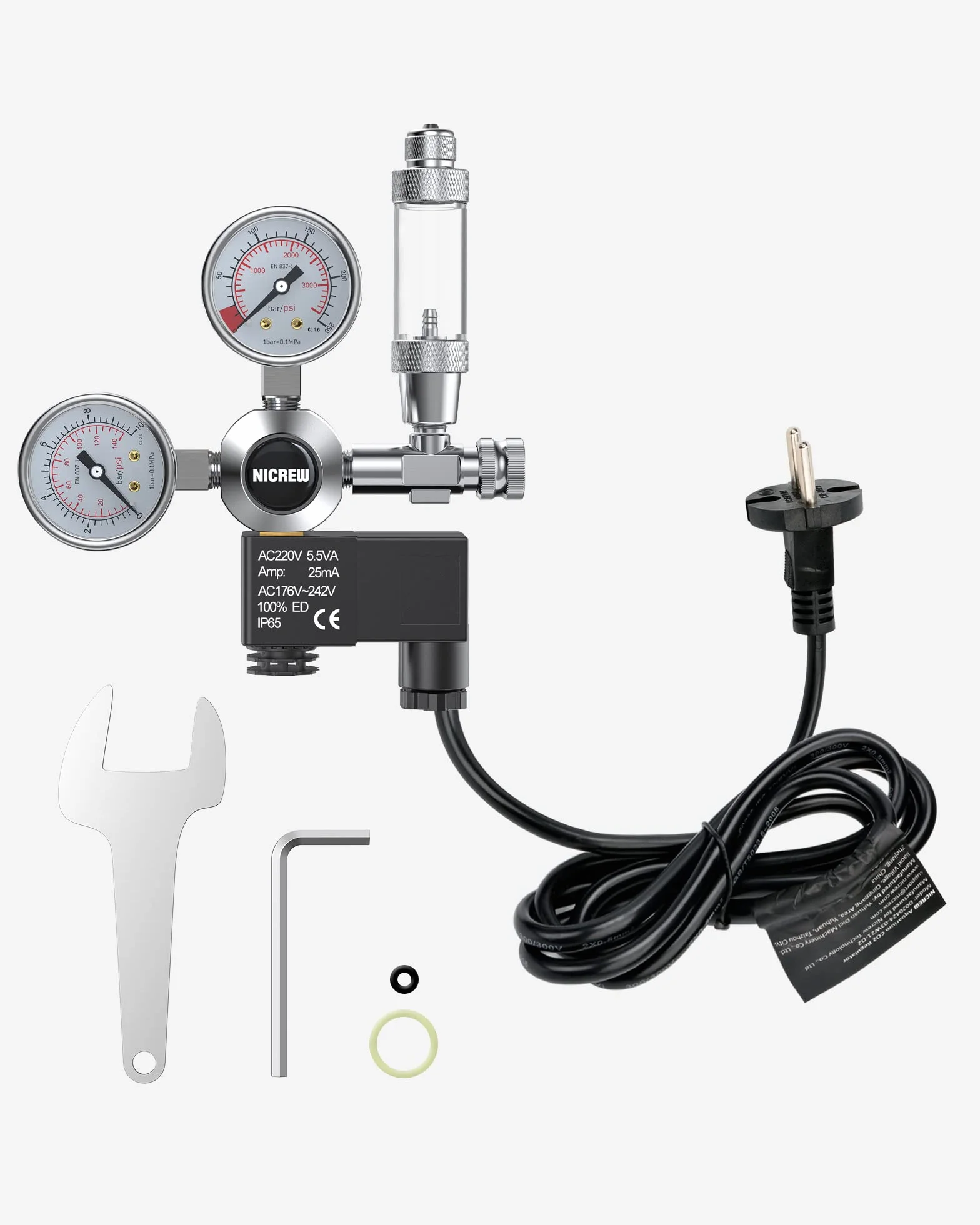 NICREW Régulateur de CO2 Aquarium Double Manomètres Électrovanne W21,8