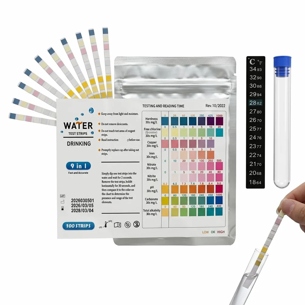 Bandelettes Test Eau Aquarium 9 en 1 Lot de 100, Kit Test Aquarium Eau Douce et Eau Salée