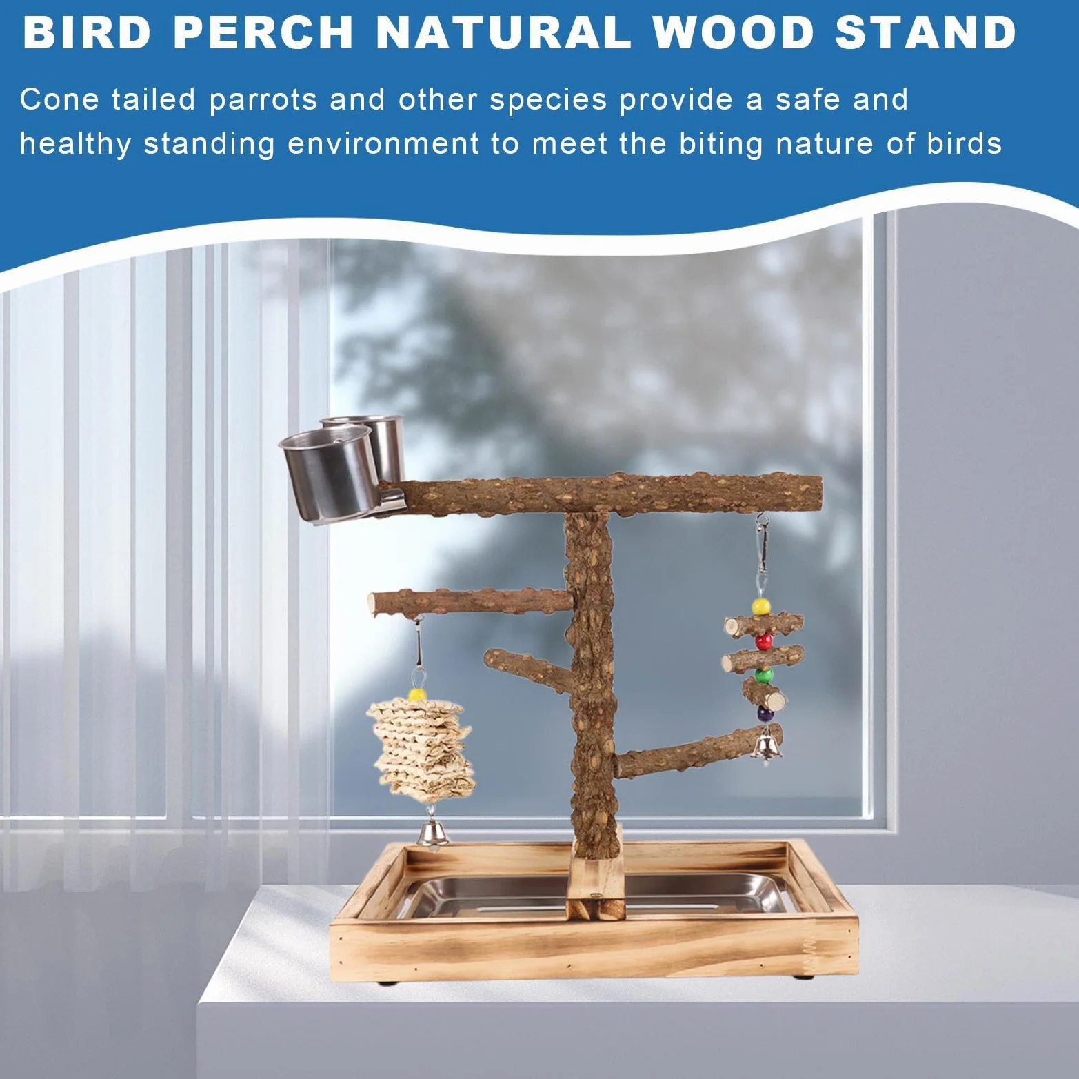 Perchoir pour Oiseaux Perchoir d'Activité avec Coupes à Nourriture | Perchoirs Bois pour Oiseaux Intérieur Extérieur Alimentation