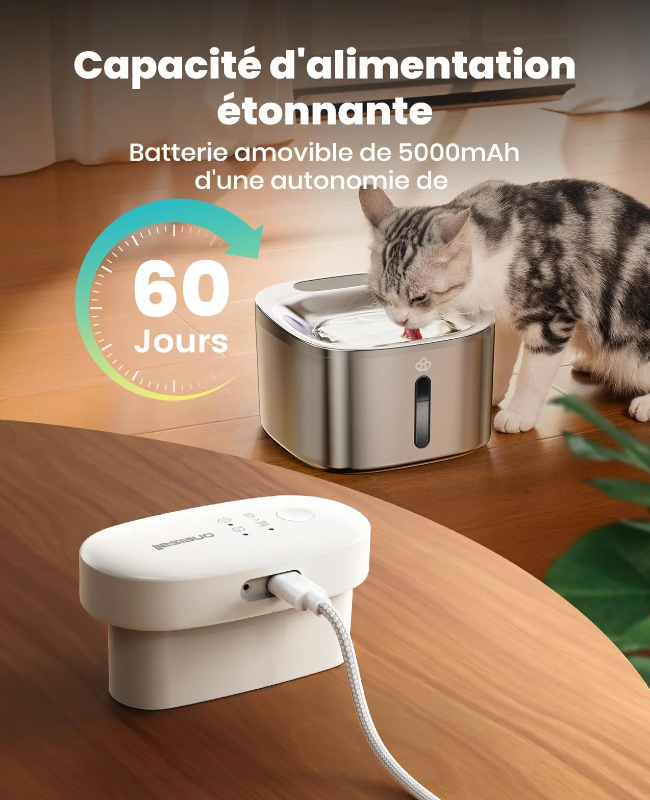 oneisall Fontaine à Eau pour Chat sans Fil 3,5 l Acier Inoxydable Batterie 5000 mAh Détecteur de Mouvement Pompe Silencieuse