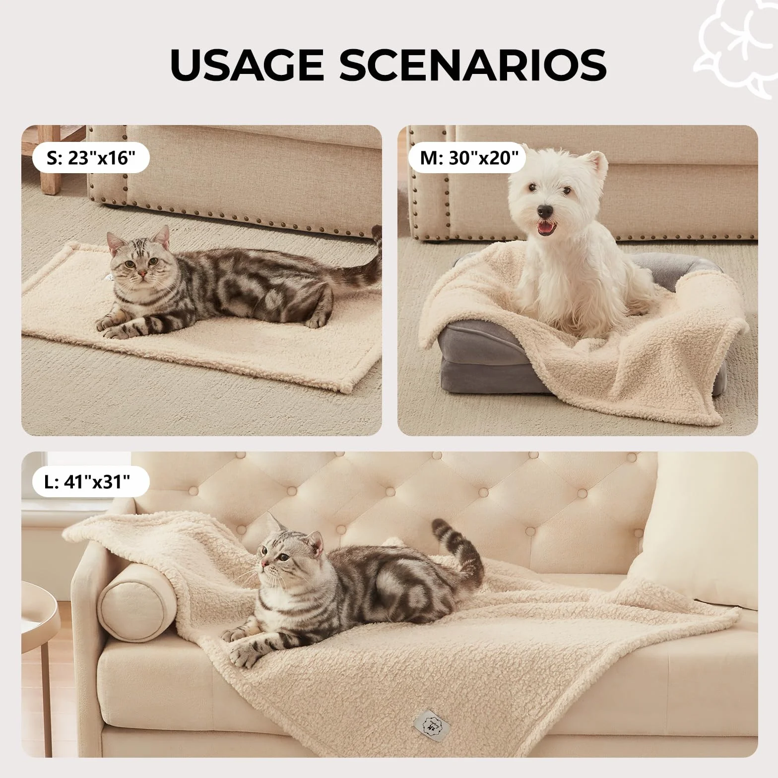 Luciphia 3 Pièces Couverture en Peluche Tapis Lit pour Chiens Chat Lapins Beige L 76 x 104 cm