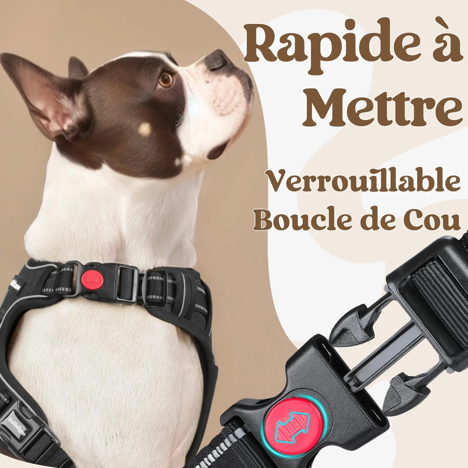 Rabbitgoo Harnais Chien Anti Traction 3 Boucles Réglable Réfléchissant Noir L