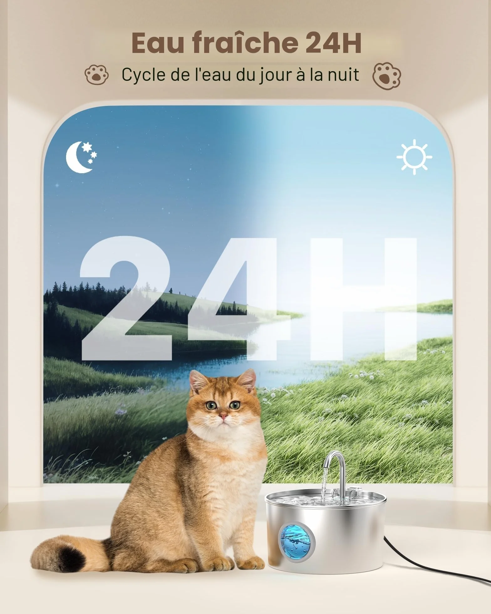 Fontaine à Eau pour Chat Automatique INOX 2,2L avec Filtre - Silencieux Distributeur Eau Chats