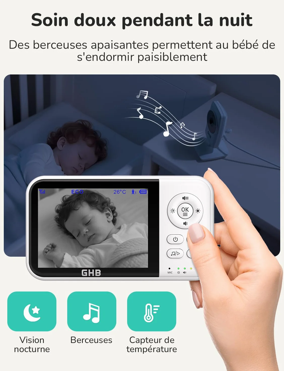 Babyphone Caméra Bébé Surveillance 3,2 pouces LCD 2100mAh Capteur de Température Vision Nocturne 2X Zoom Audio Bidirectionnel