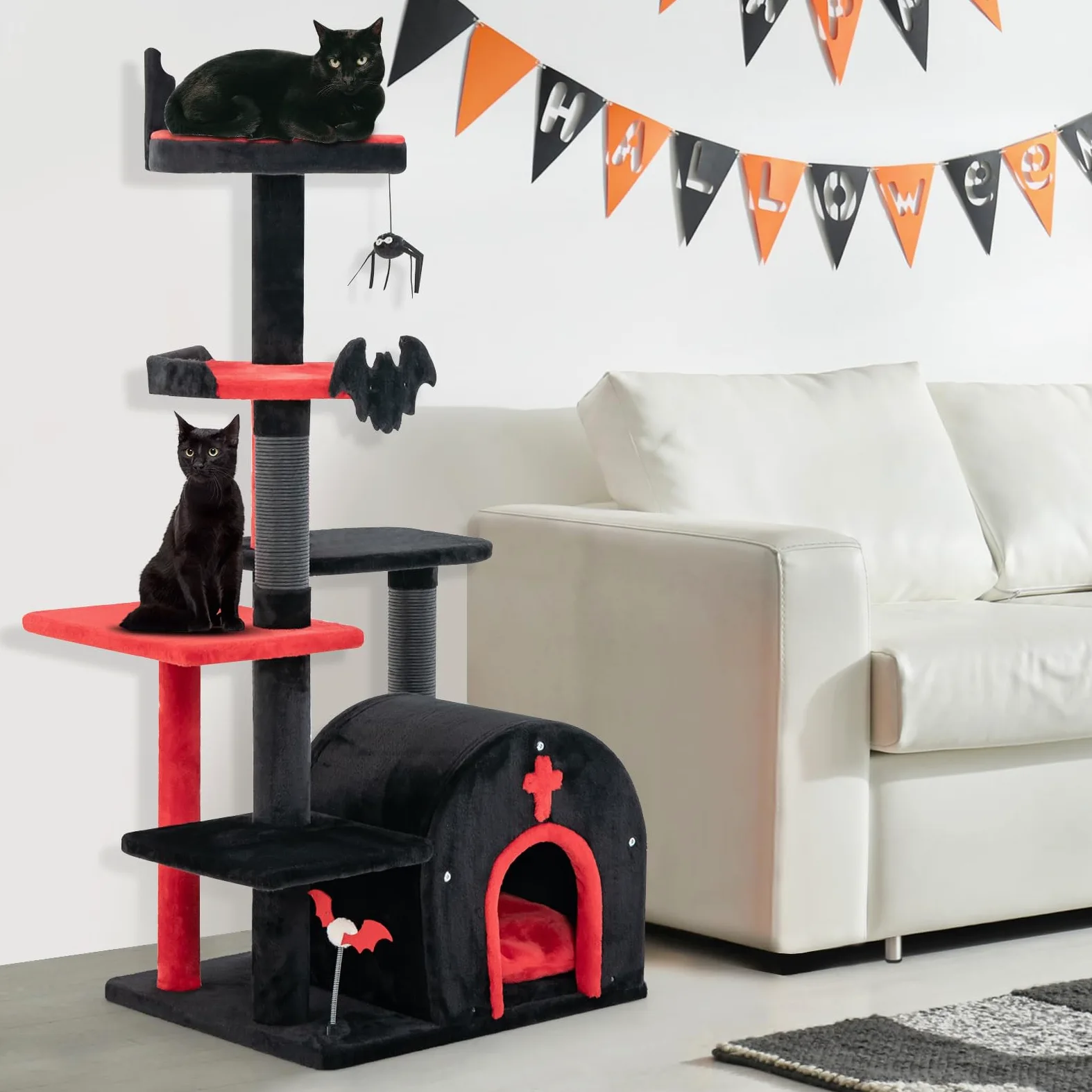 GOPLUS Arbre a Chat Style Gothique, Hauteur 133 CM, Arbre a Chat XXL à 6 Niveaux avec Poteaux à Gratter Sisal, Perchoir, Hamac, Niche Forme Coffin avec Coussin Amovible, Jouet Suspendu, Rouge et Noir