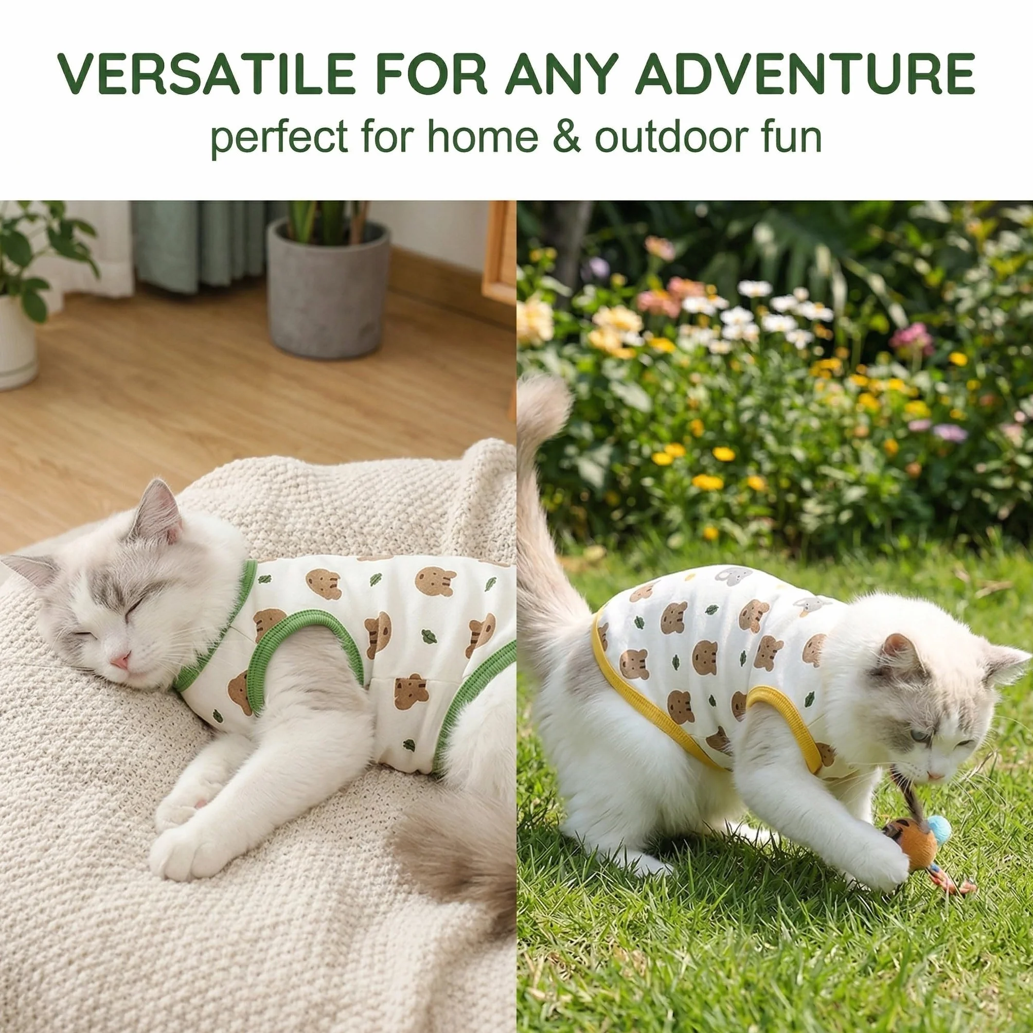Body pour Chat et Chaton Taille L, Vêtement Doux et Respirant avec Motif Ours et Souris, Vert et Jaune