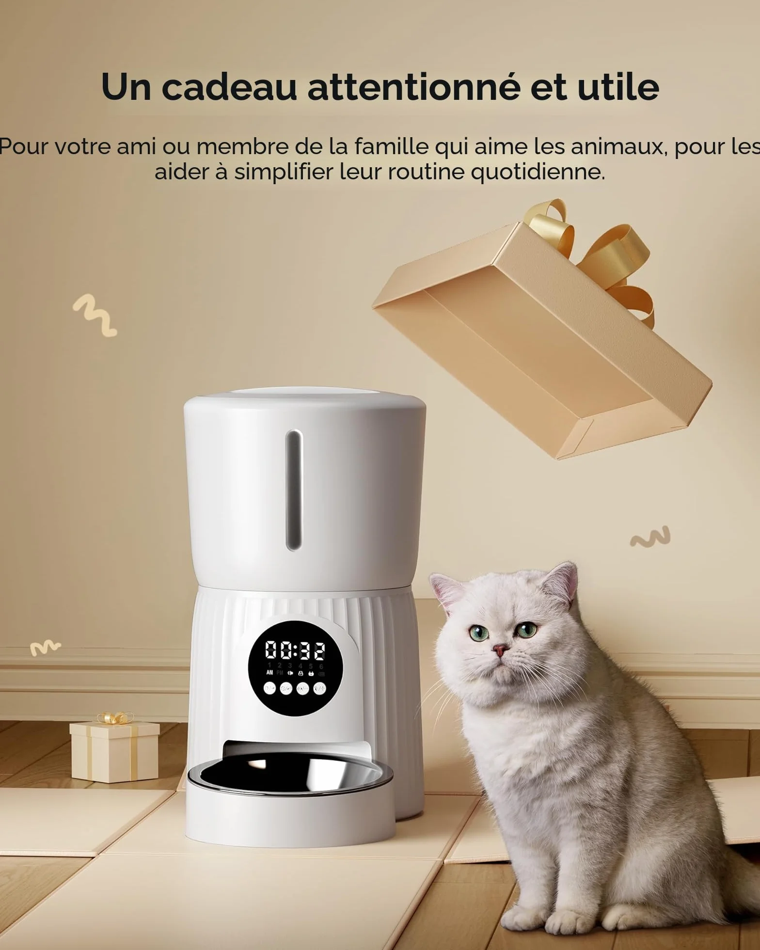 Faroro Distributeur Croquettes Chat Automatique 4L Contrôle Portions Enregistrement Vocal 10s Alimentation Lente Blanc