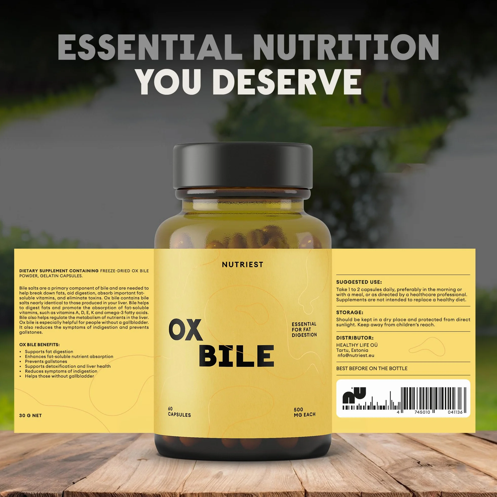 Nutriest Complément de Bile de Bœuf 500 mg 60 Capsules – Sels de Bile Digestif Naturel Métabolisme des Graisses