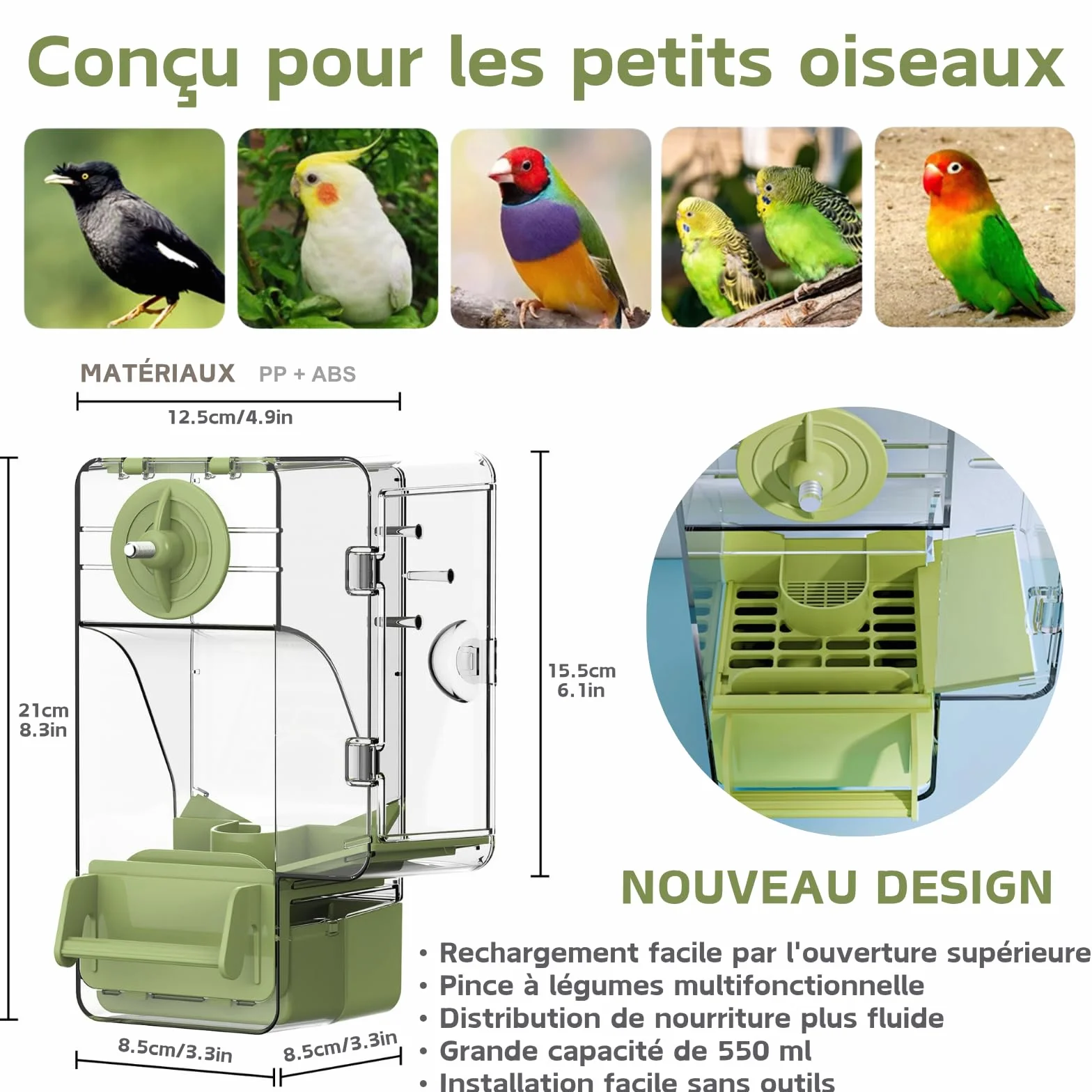 Mangeoire Automatique pour Oiseaux avec Perchoir Support Multifonctionnel pour Fruits et Légumes Vert