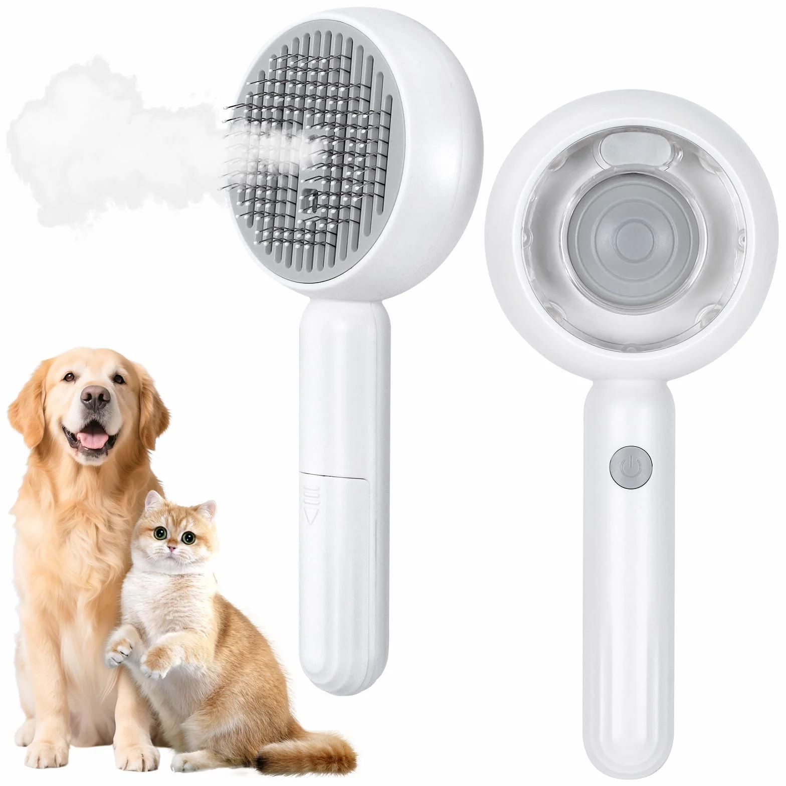 Brosse à Vapeur pour Chat Chiens 4 en 1 Qoosea Autonettoyant, Peigne de Massage en Spray, Blanc