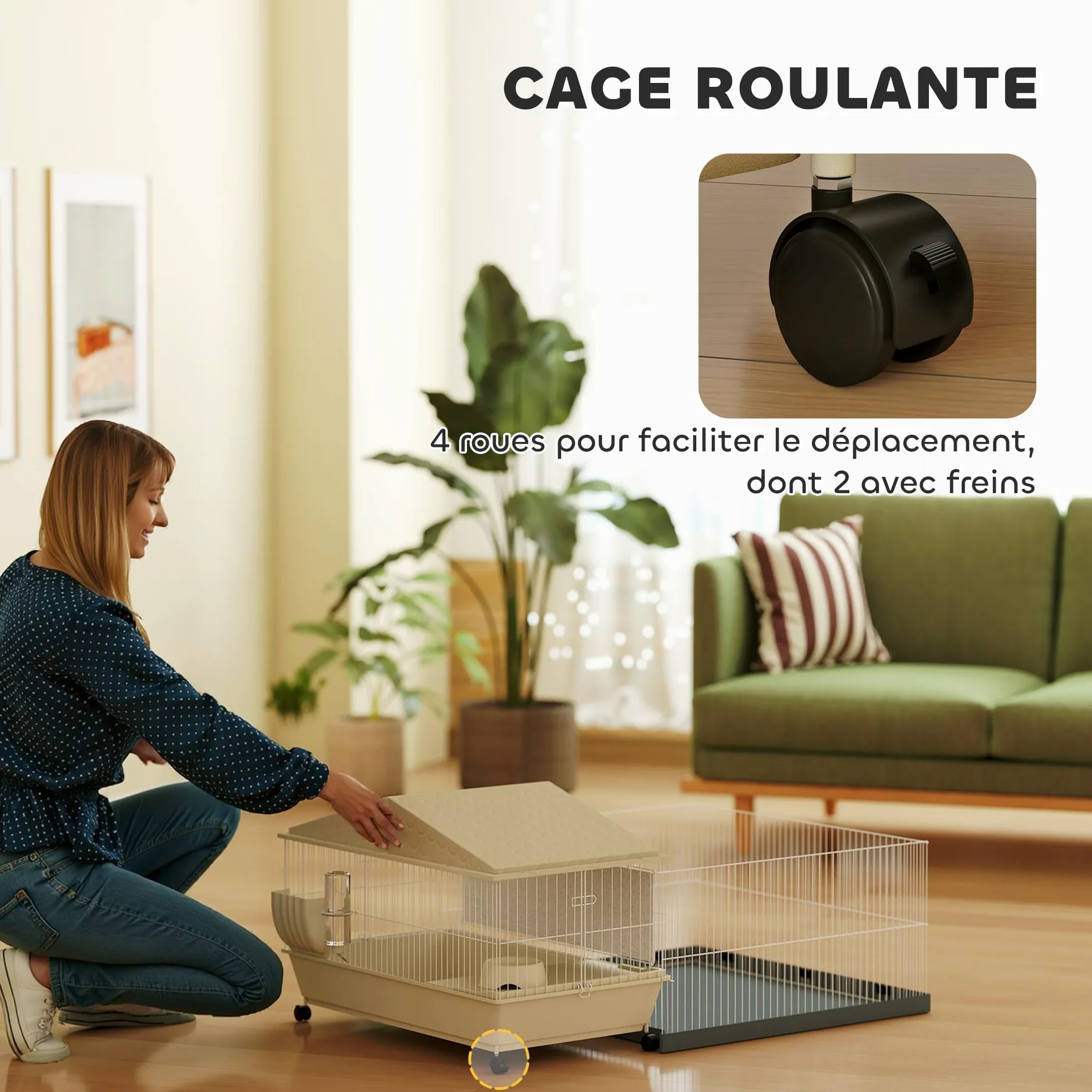 PawHut Cage Cochon d'Inde avec Parc Amovible 4 Roues pour Hérisson Beige | Cage pour Petits Animaux, Tapis Imperméable, Balcon, Bol d'Alimentation, Rampe à Couverture Souple
