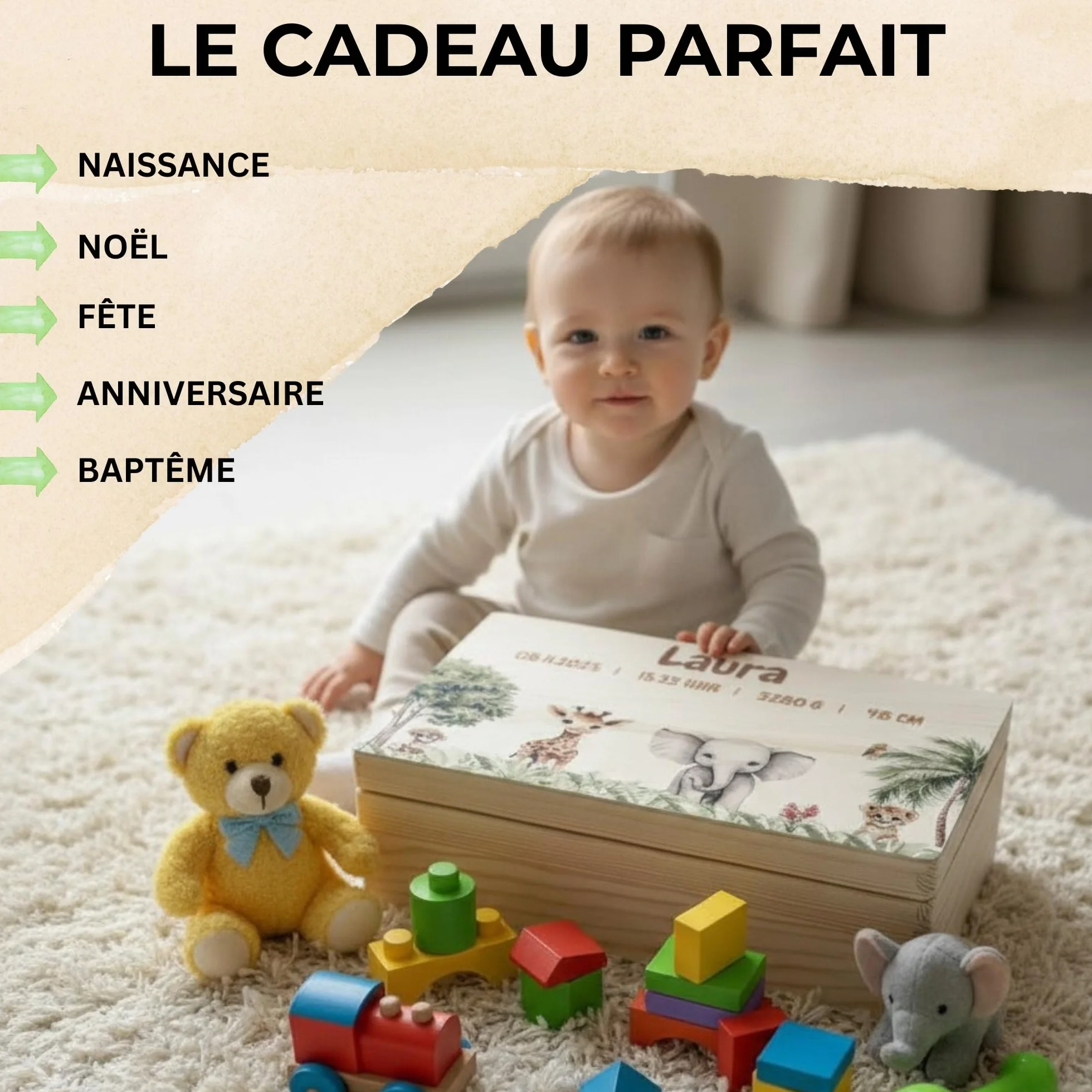 Boite Souvenir Bebe Personnalisée avec Nom Différentes Tailles Motifs Dates Naissance Inspirante