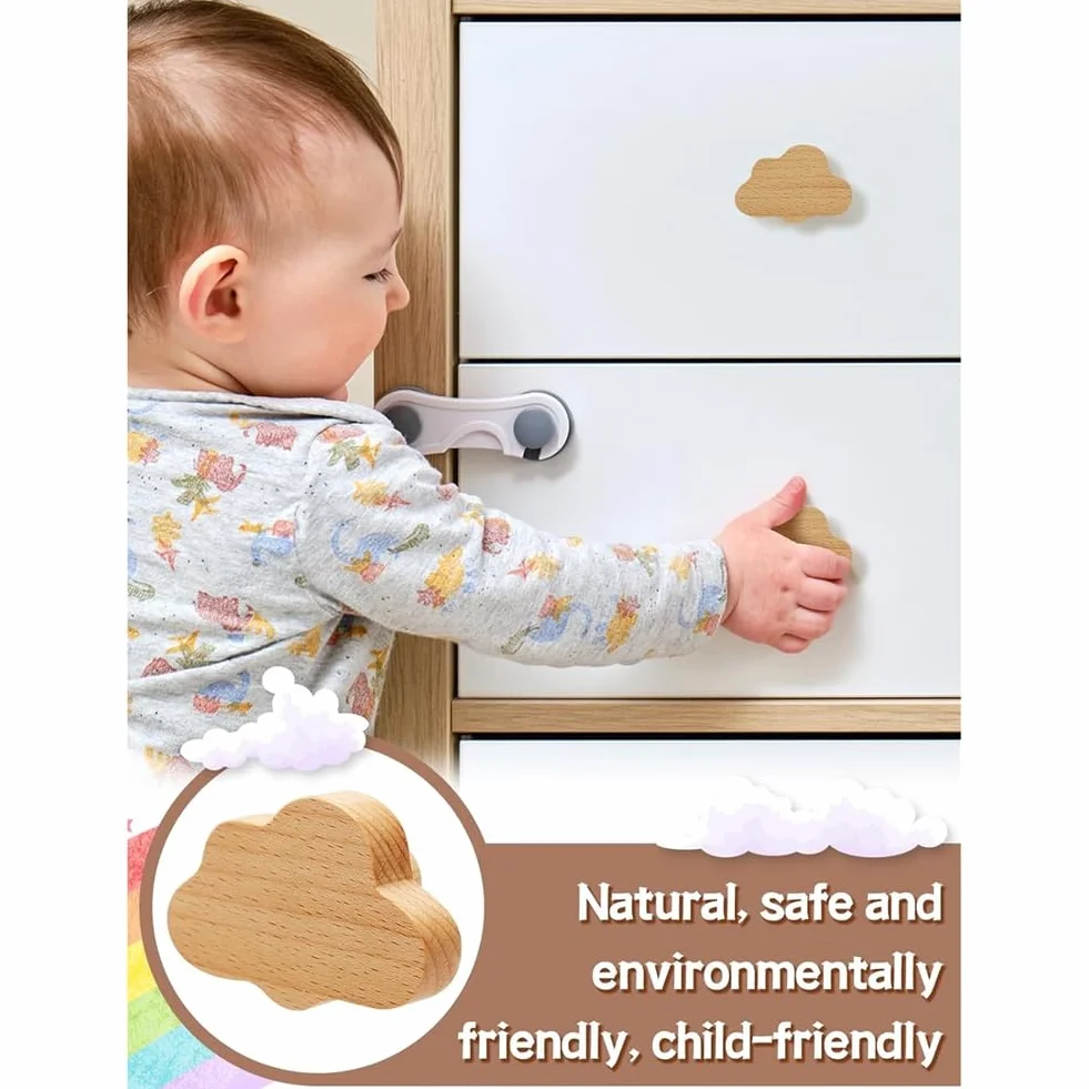 Boutons d'armoire design nuage en bois pour chambre d'enfant, bohème, lot de 12 avec vis
