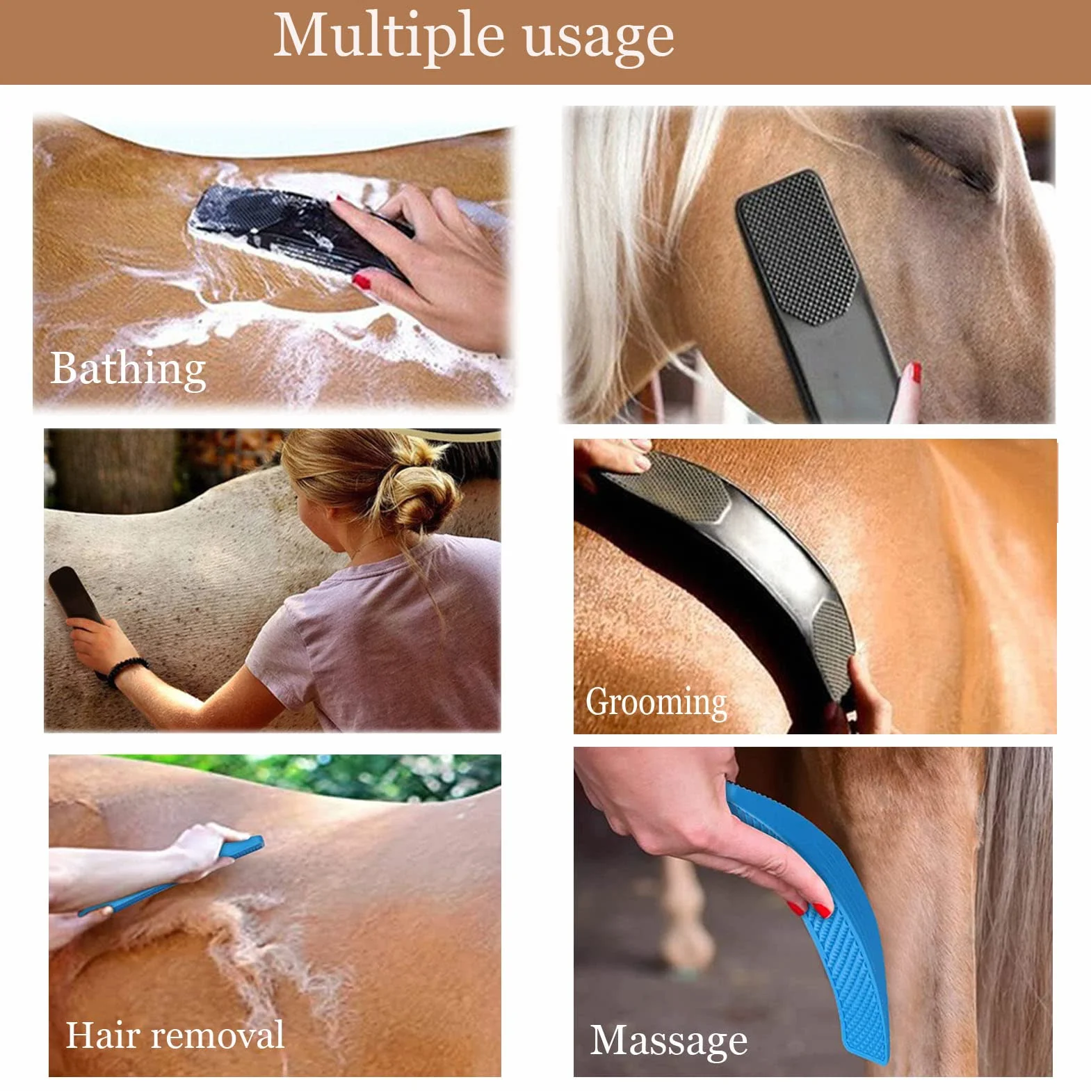 Brosse de Cheval Massage 6 en 1 Brosse pour la Mue Cheval Noir