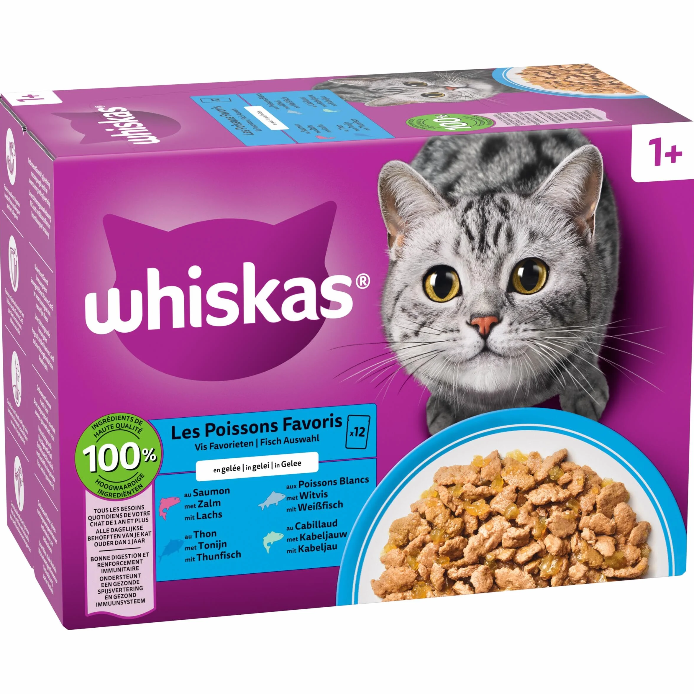 WHISKAS Aliment humide en gelée Chat adulte Les Poissons Favoris 48 Sachets
