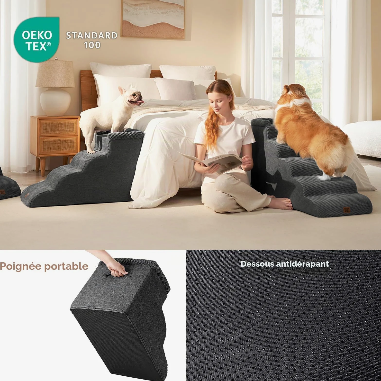 EHEYCIGA Escalier Chien 4 Marches 44.7cm H, Rampe Chien pour Canapé Lit | Mousse Haute Densité, Surface Antidérapante, Housse Amovible et Lavable, Pour Petits Chiens et Chats, Gris