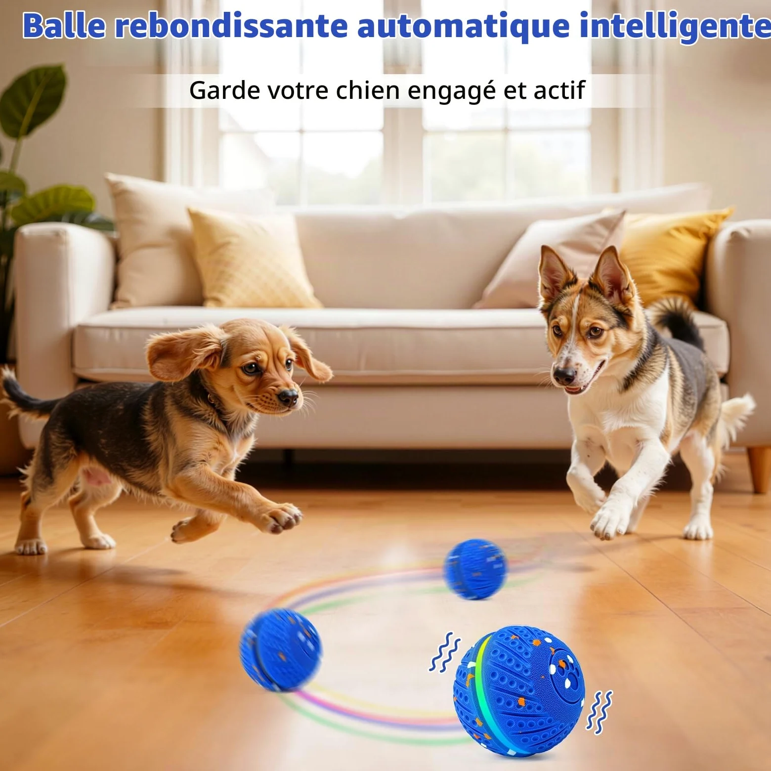 Jouet intelligent pour chien - Balle pour chien - Jouet interactif intelligent avec lumière et 3 modes de jeu - Étanche - Rechargeable - Pour chiens de taille moyenne et grande