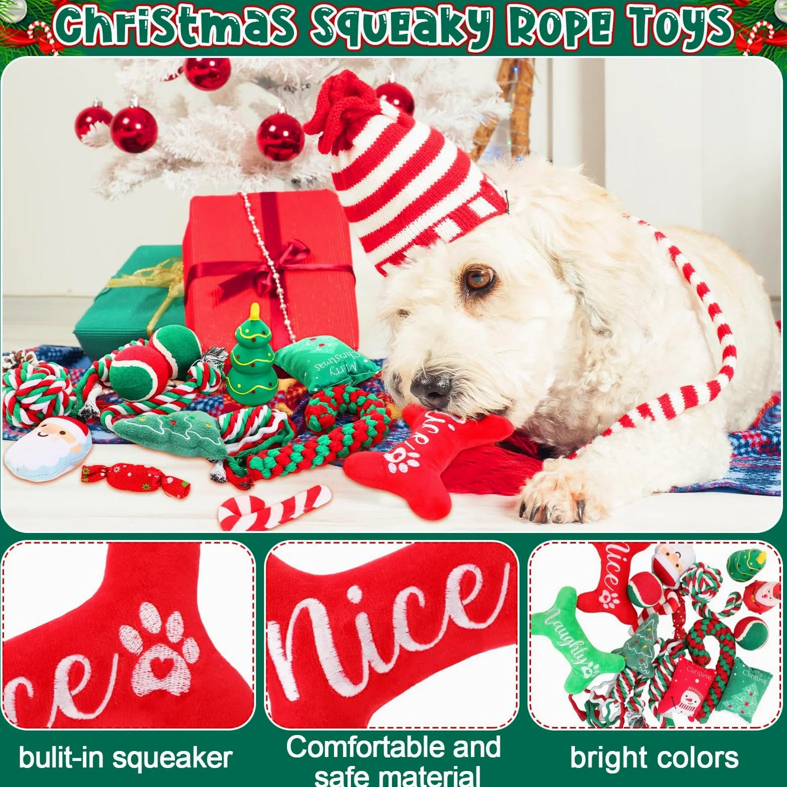 Lot de 16 jouets de Noël pour chien - Jouets couineurs en corde à mâcher pour chiens de petite, moyenne et grande taille - Cadeau de dentition