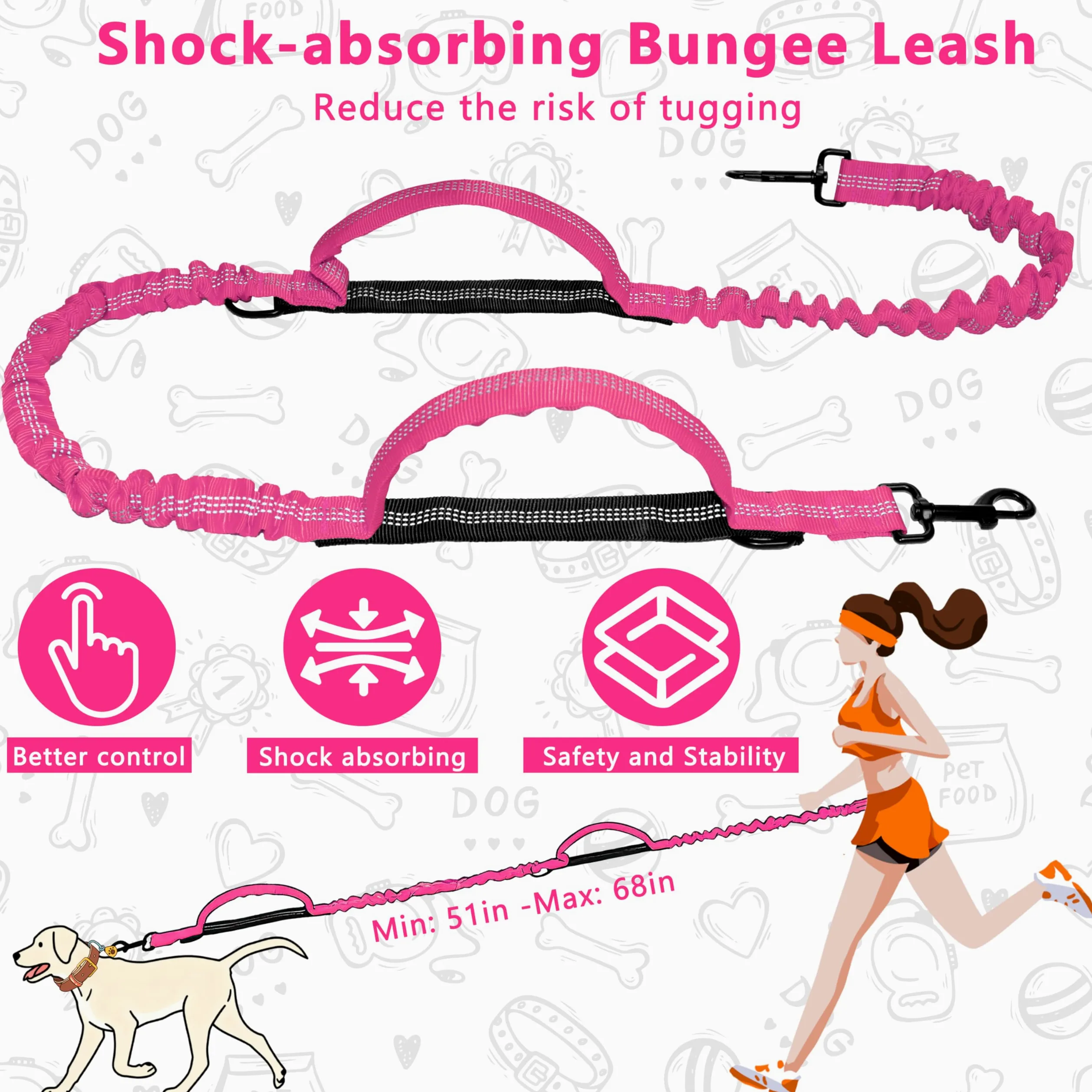 Laisse mains libres pour chien avec pochette à fermeture éclair, laisse de course pour promenade du chien, ceinture réglable pour grands chiens, design élastique réfléchissant avec deux