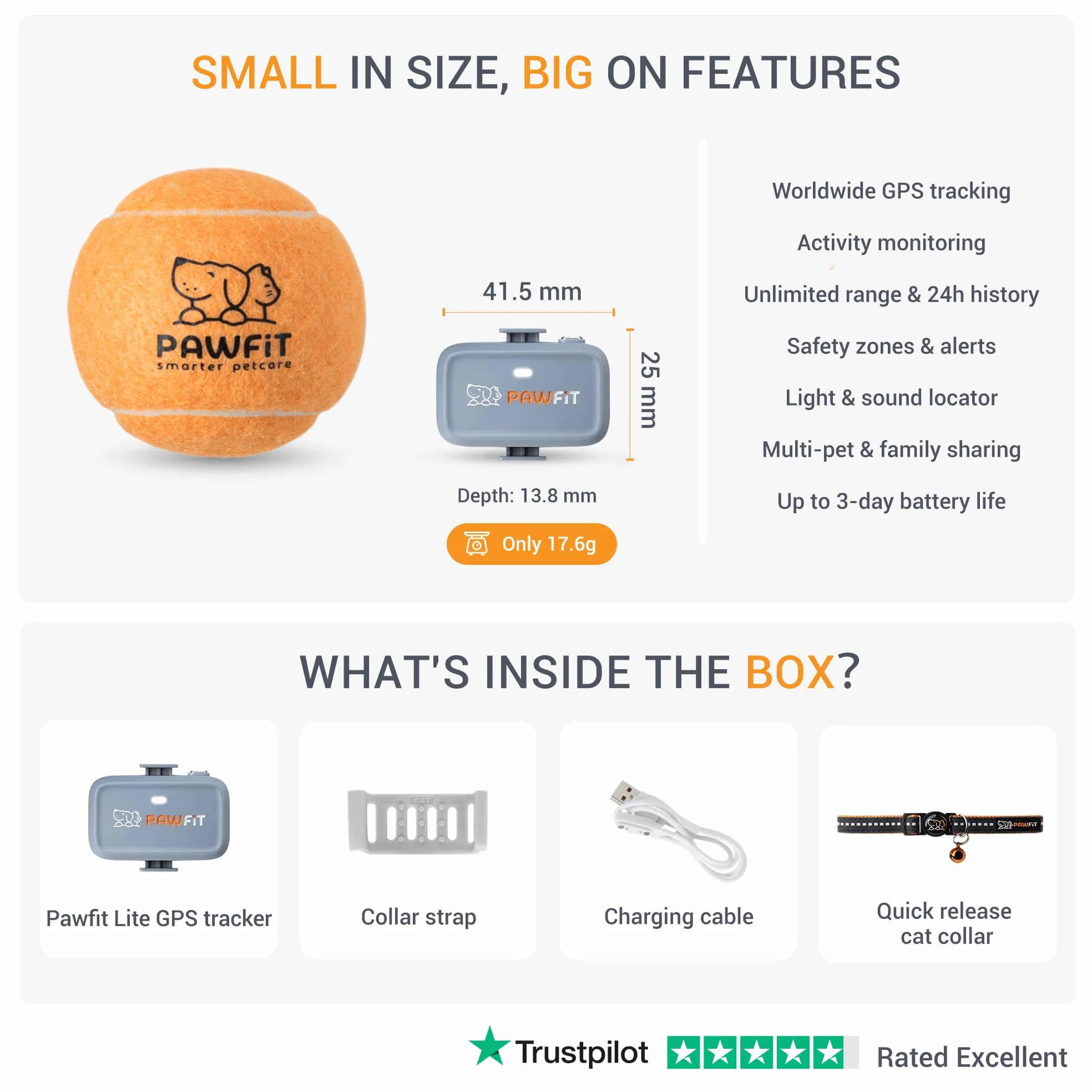 Pawfit Lite 4G Traqueur GPS pour chat, suivi en direct, ultra léger, gris lilas