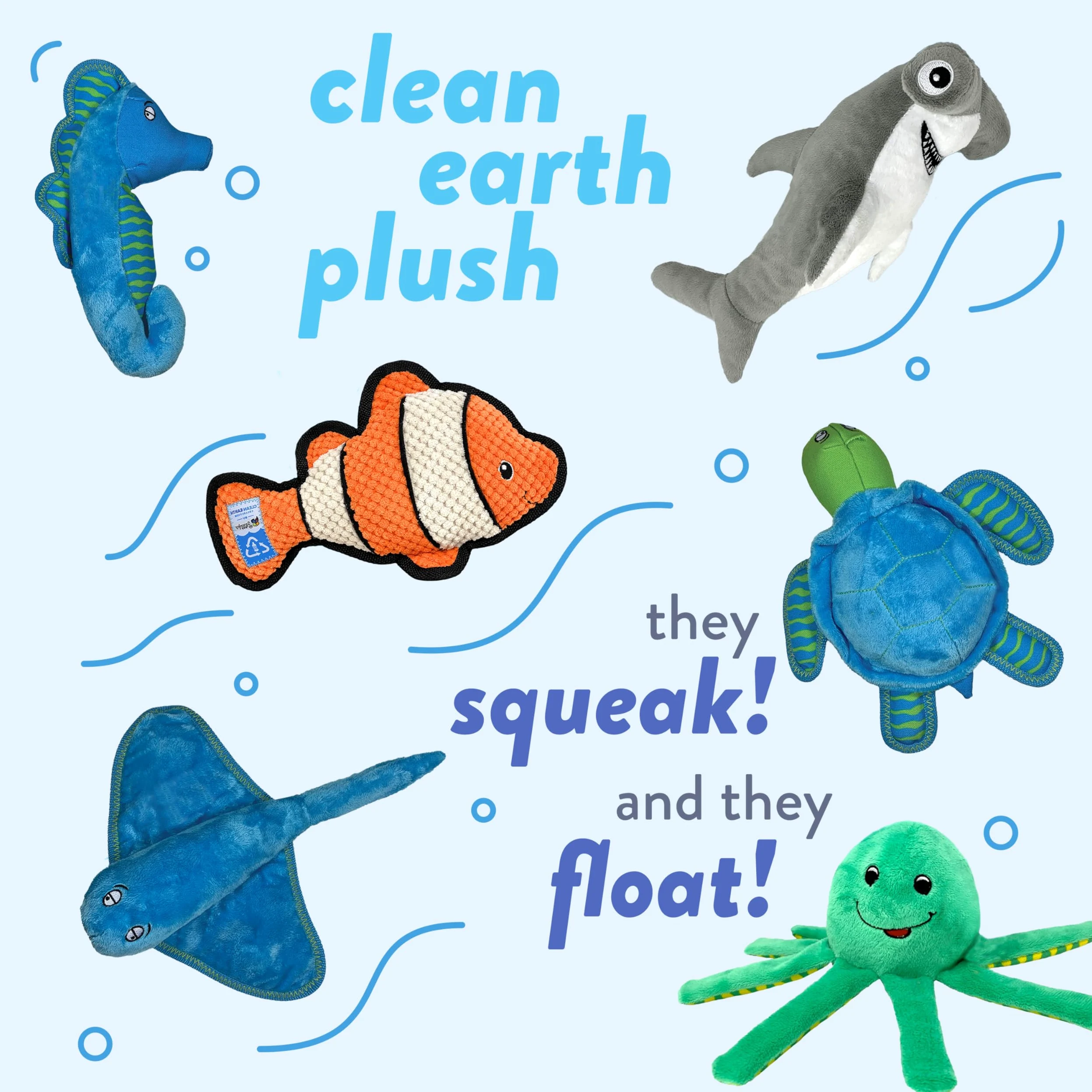 Spunky pup Clean Earth Jouet en peluche pour chien avec couineur – Recyclé, respectueux de l'environnement, flotteur pour la plage, le lac, la piscine – Poisson clown