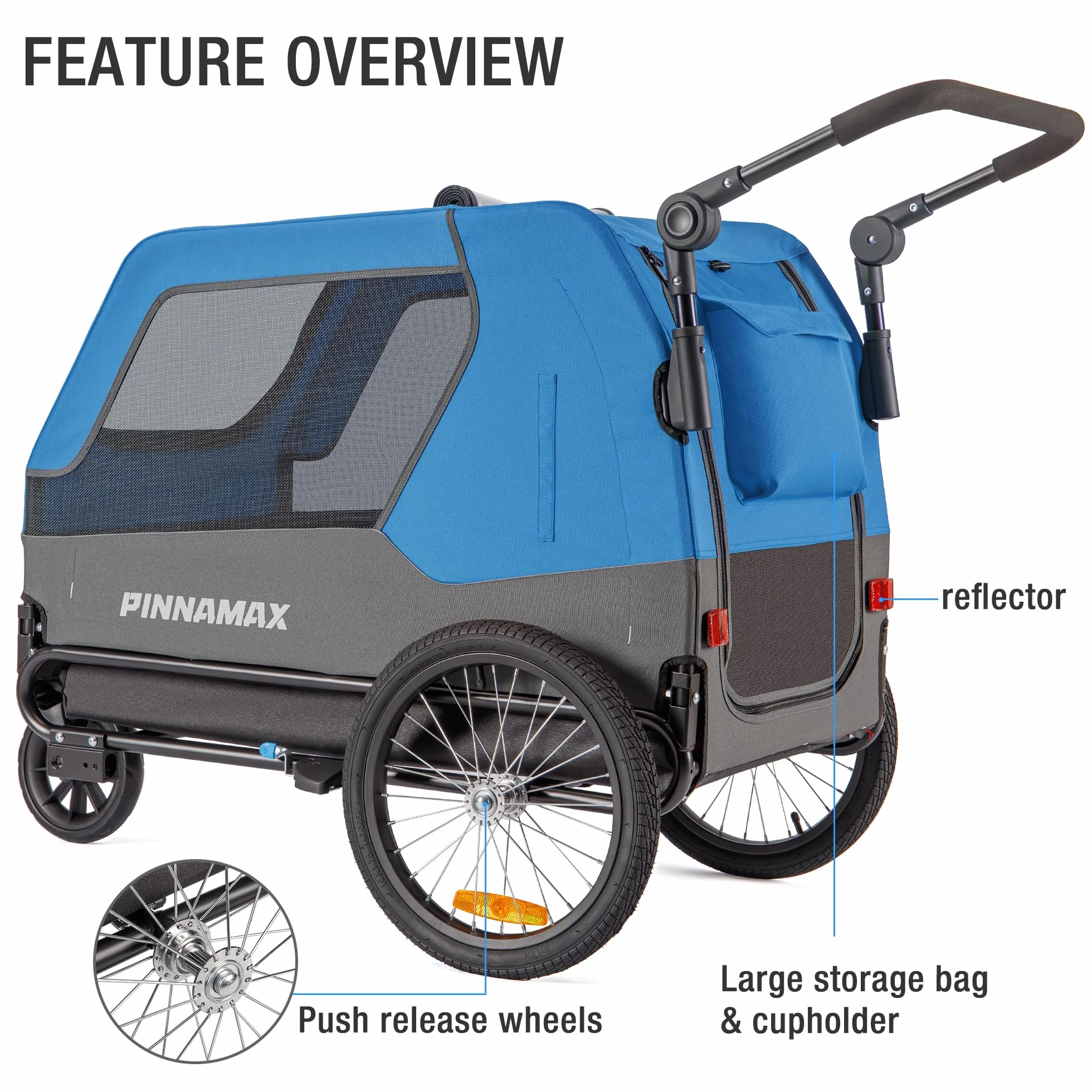 Remorque pour Chien PINNAMAX 2-en-1 45 kg Poussette vélo attelage Universel