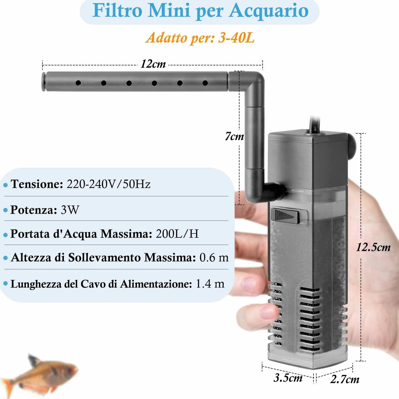 Filtre Interne Submersible 3W 200 L/H pour Vasque à Poissons 3-40L