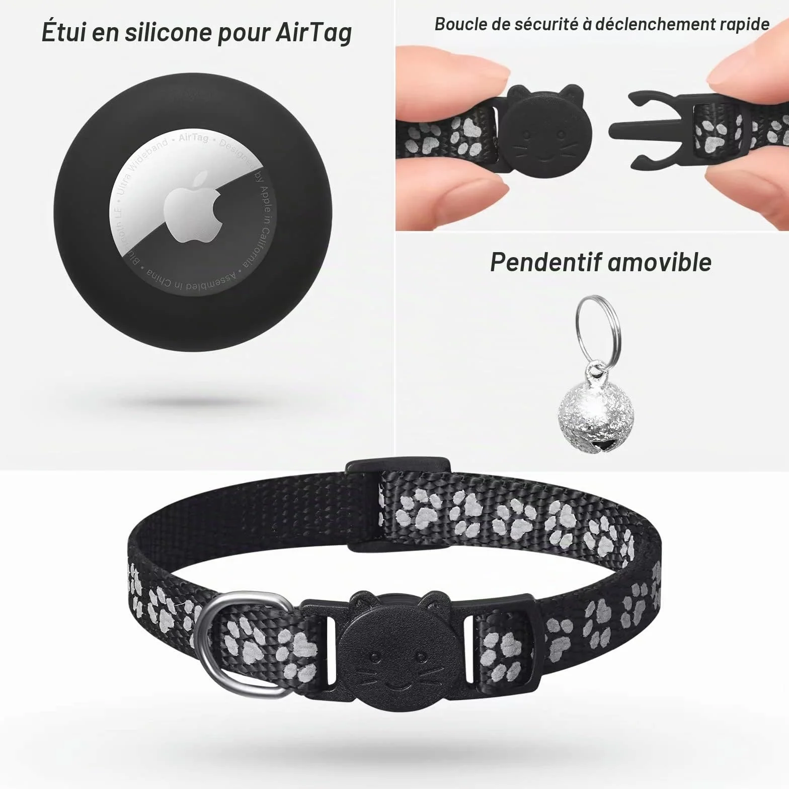 LAFAYI 2 Pack Collier Chat Réfléchissant Anti étranglement Réglable Compatible Airtag Apple Noir