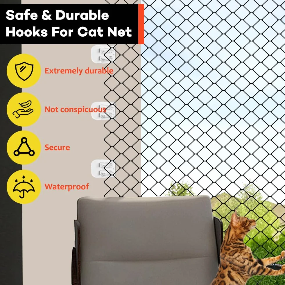 Lot de 50 crochets adhésifs pour filet de chat - Résistant aux intempéries et UV - Transparent