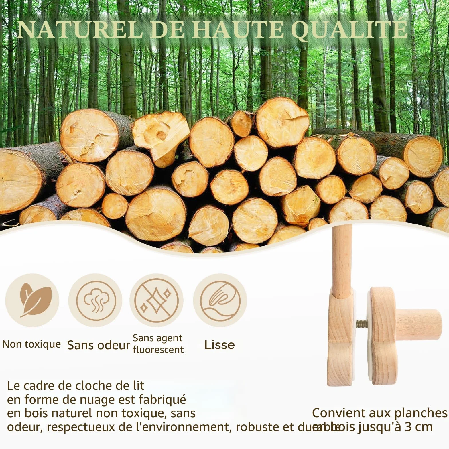 Support Mobile Bebe Bois, Support de Lit Rotatif, Base Nuage, Suspension Carillons pour Lit Enfant et Table à Langer