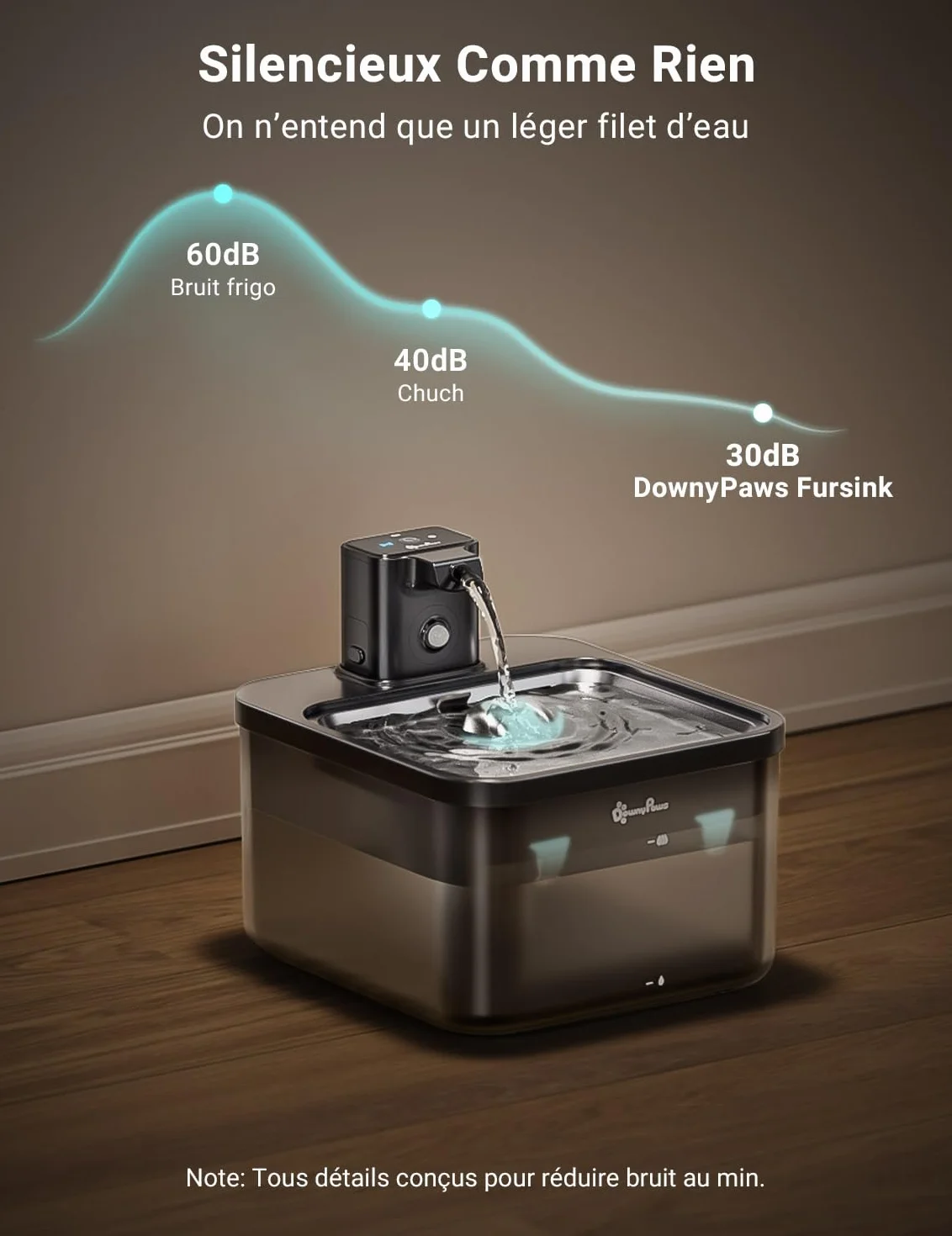 Fontaine à Eau sans Fil pour Chien 4000mAh Détecteur de Mouvement Acier Inoxydable Noir 6 Filtres