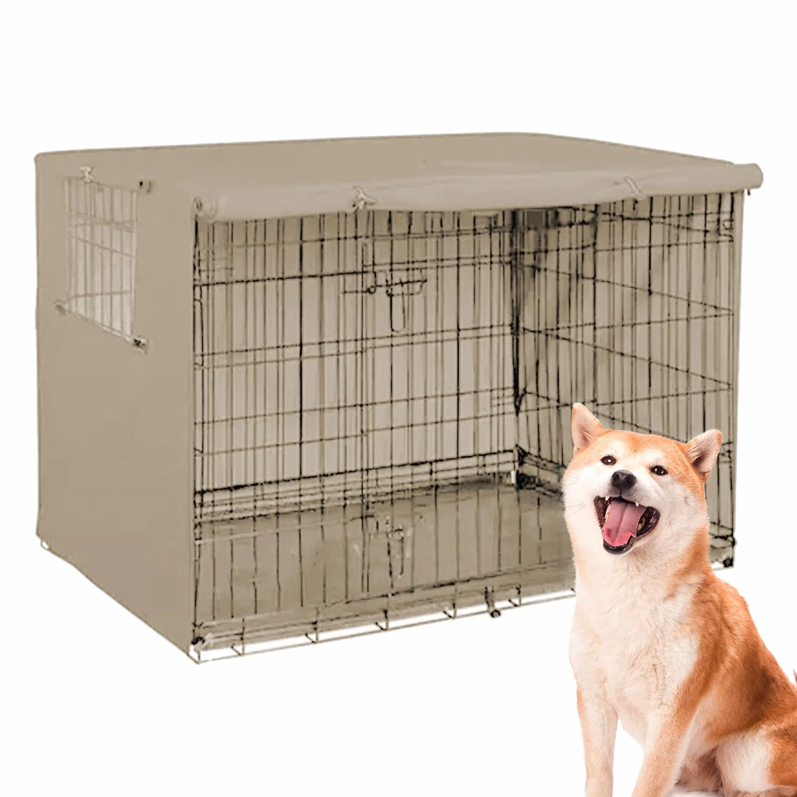 Housse Protection Cage Chien Imperméable Coupe-Vent Double Porte Noir Beige